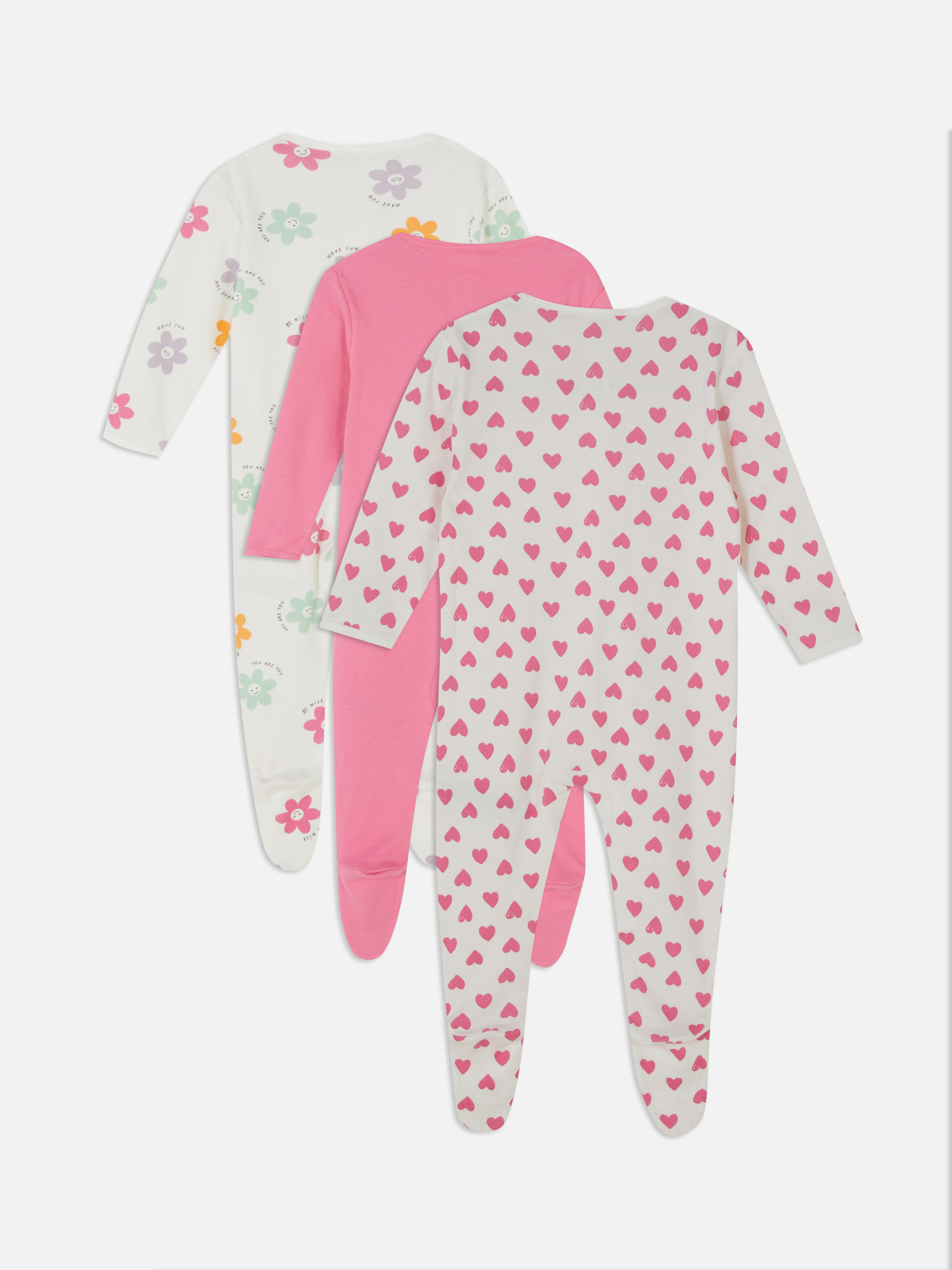 3pk Flowers and Hearts Sleepsuits
