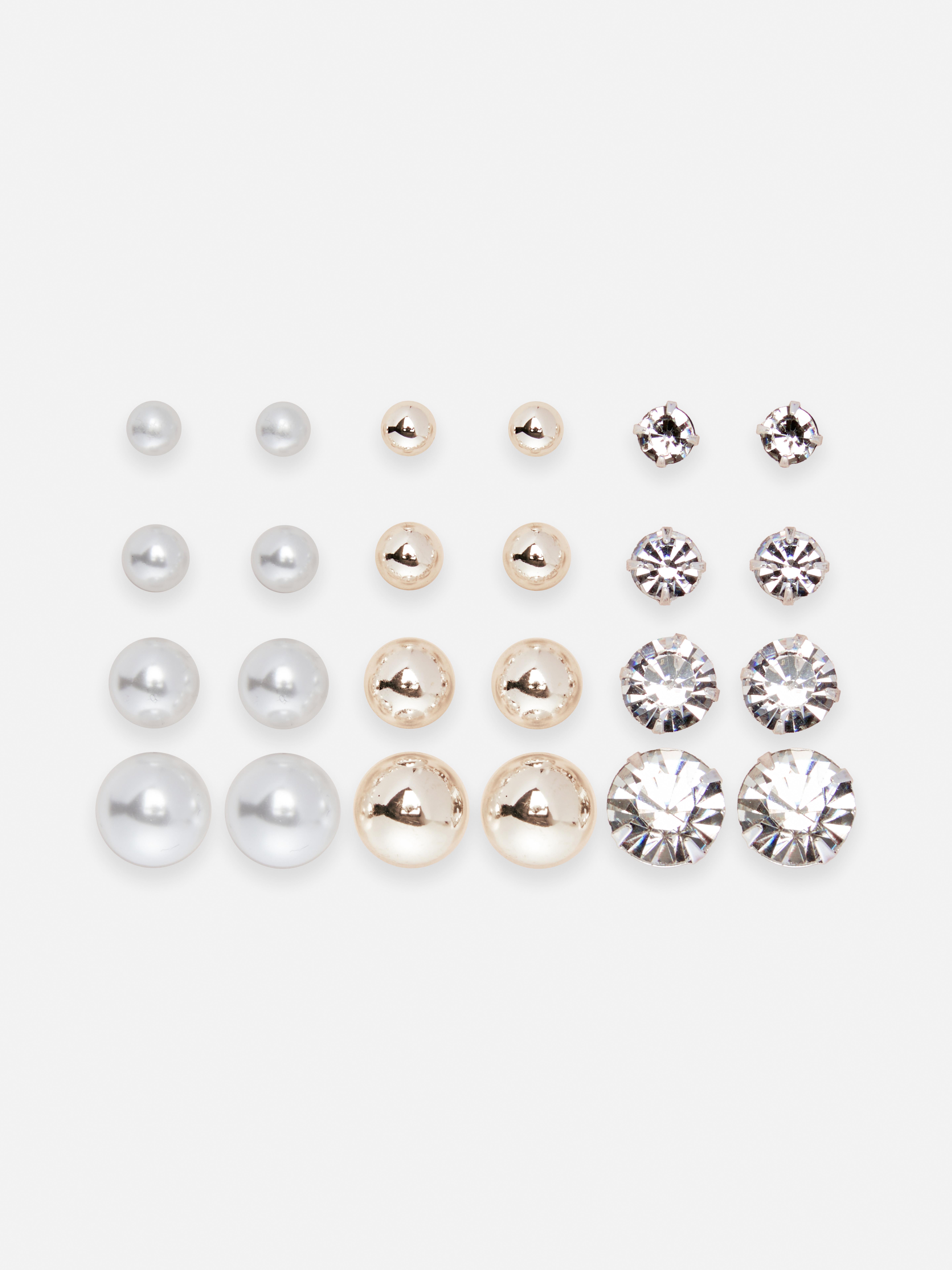 12pk Faux Diamond And Pearl Stud Earrings