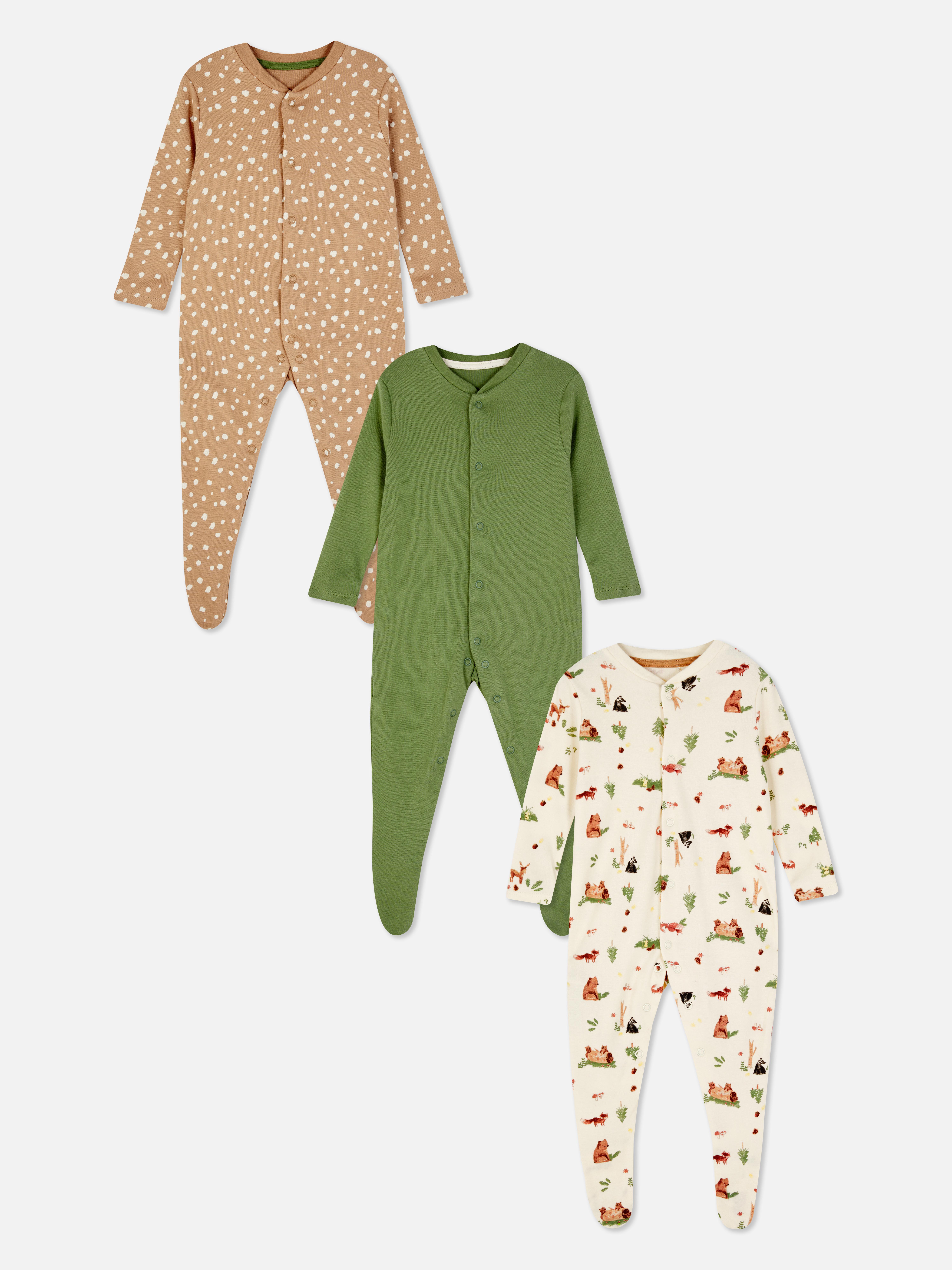 3pk Woodland Print Sleepsuit Babygrows