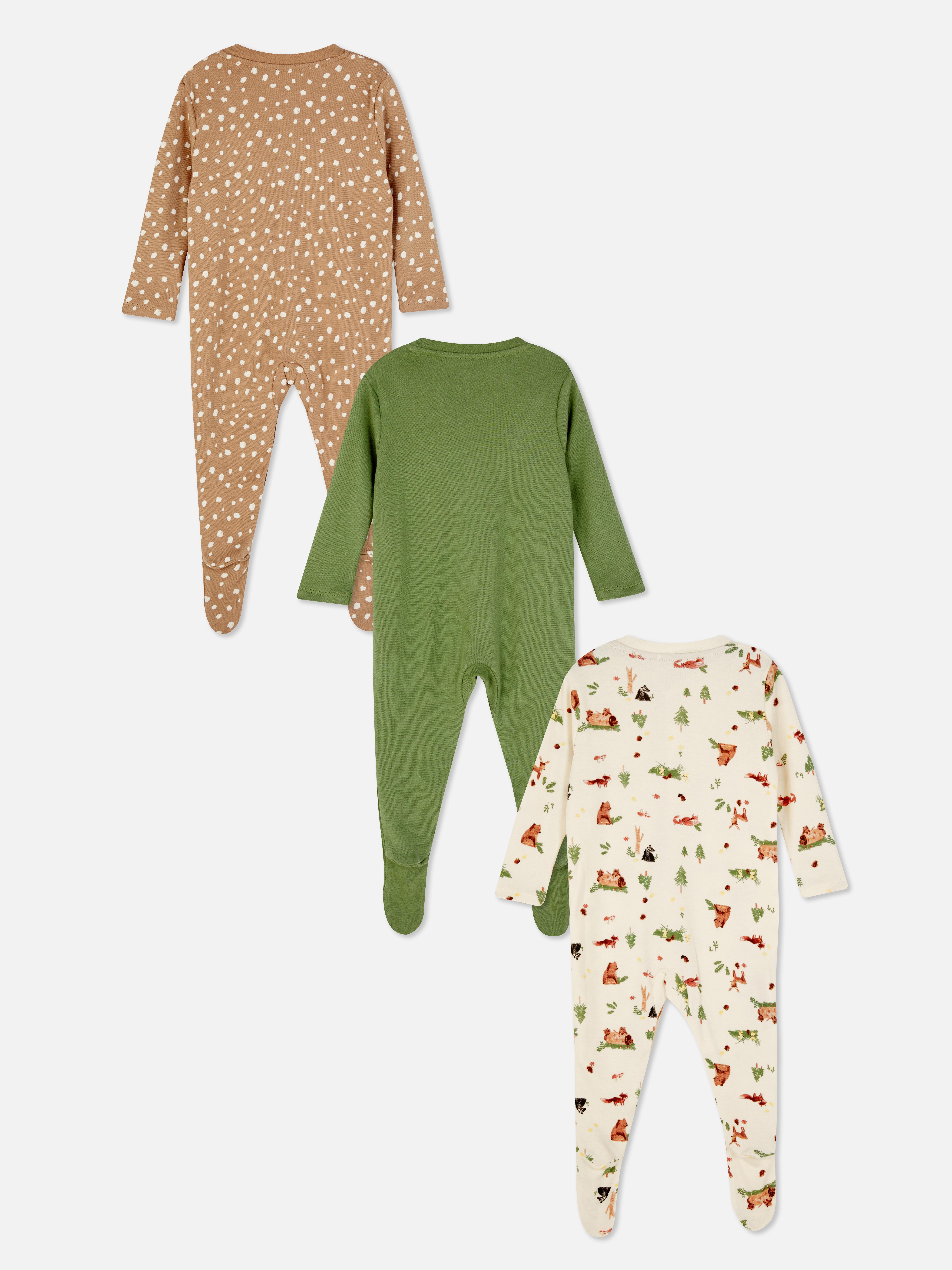 3pk Woodland Print Sleepsuit Babygrows
