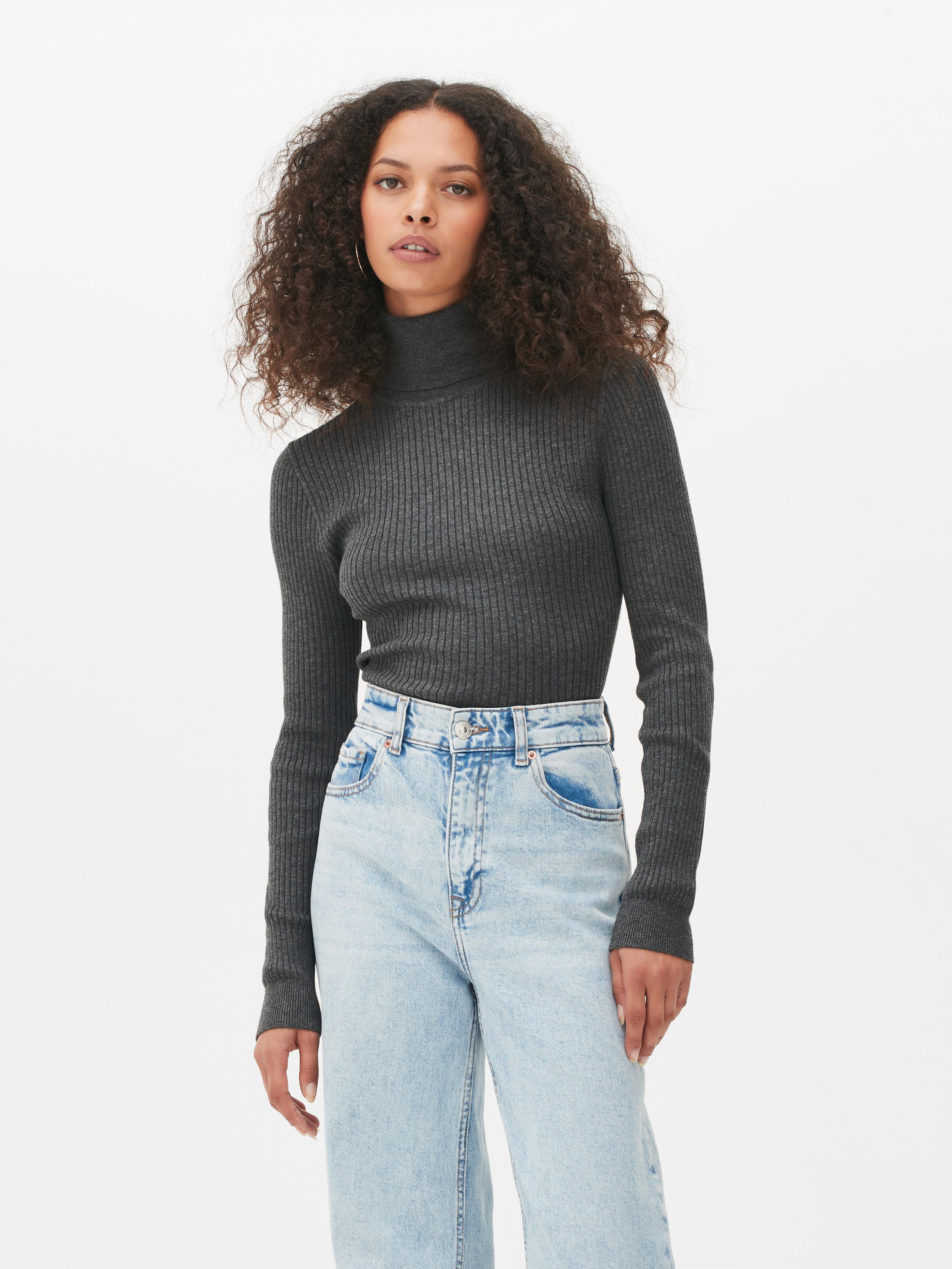 Womens Charcoal Marl Ribbed Roll Neck Jumper