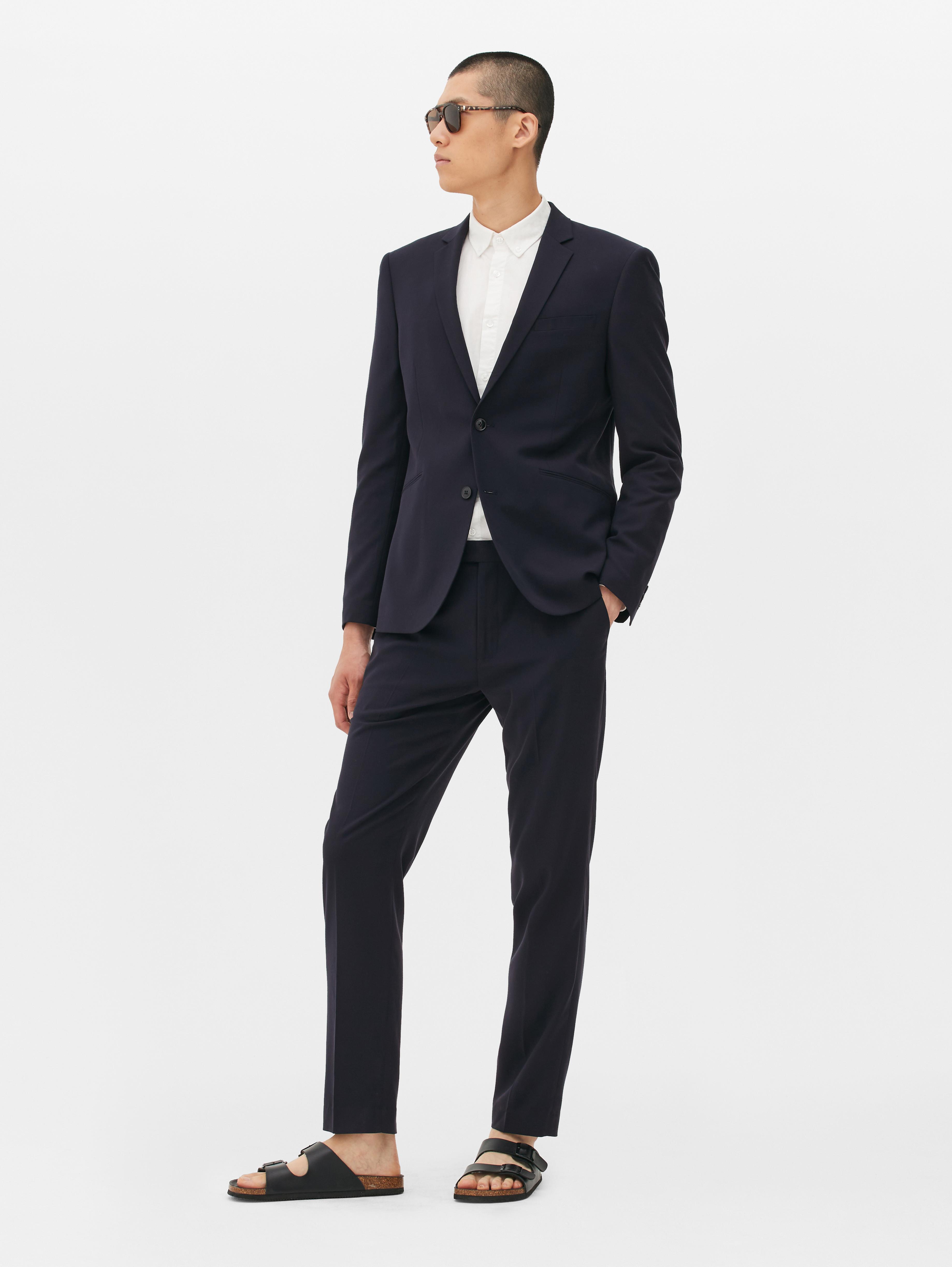 blue suit jacket grey pants