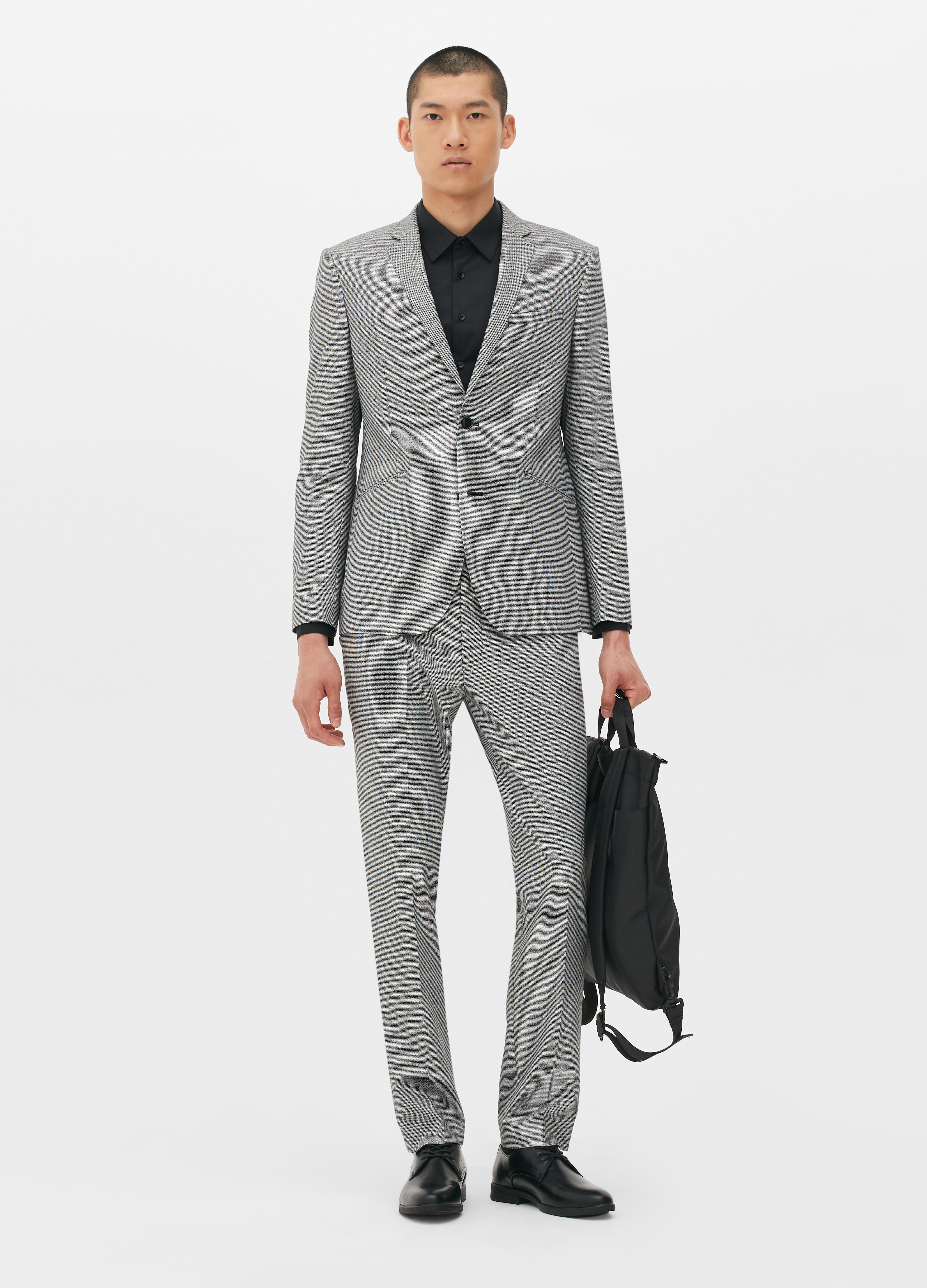 blue suit jacket grey pants