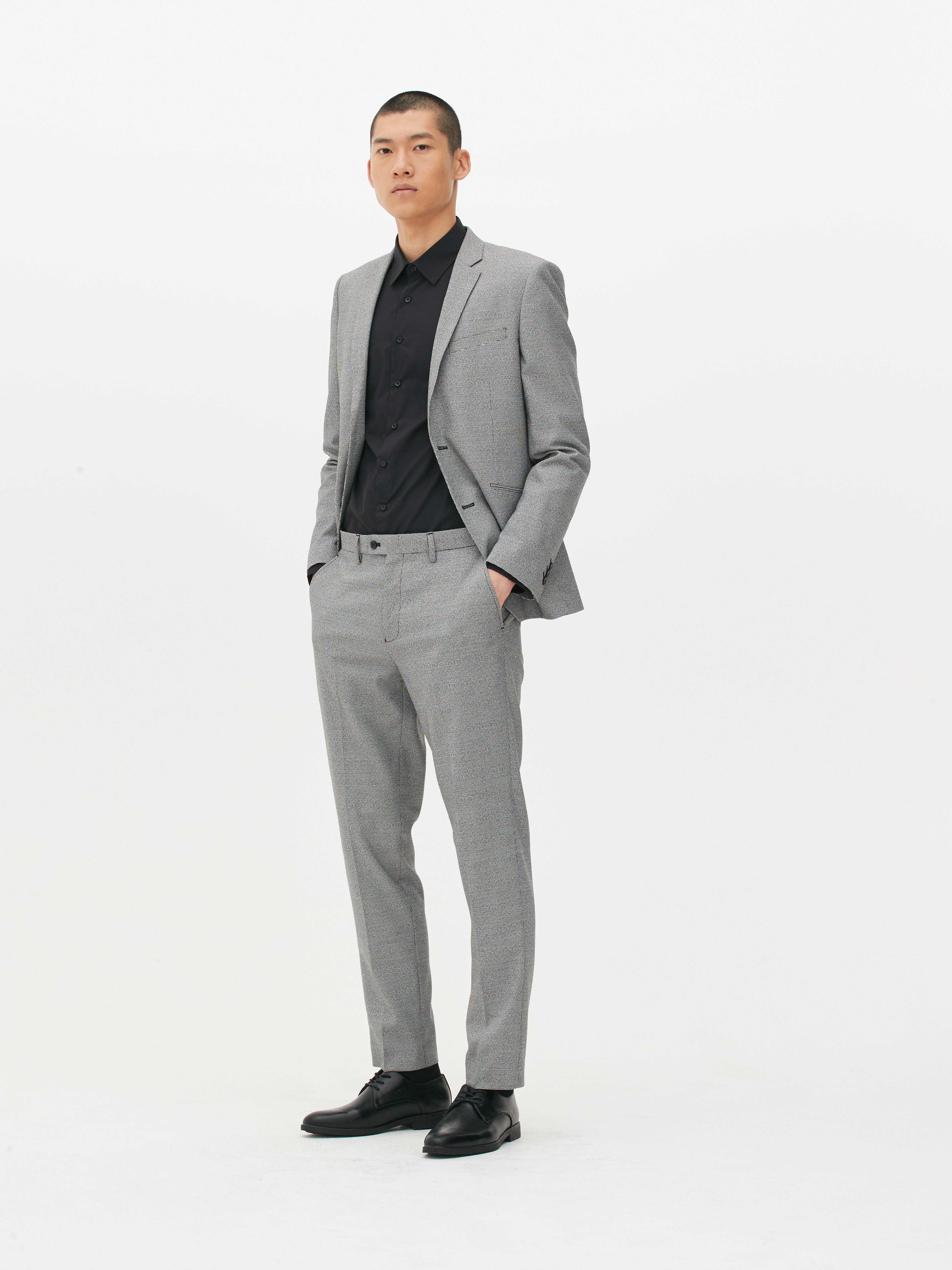 black trousers grey blazer