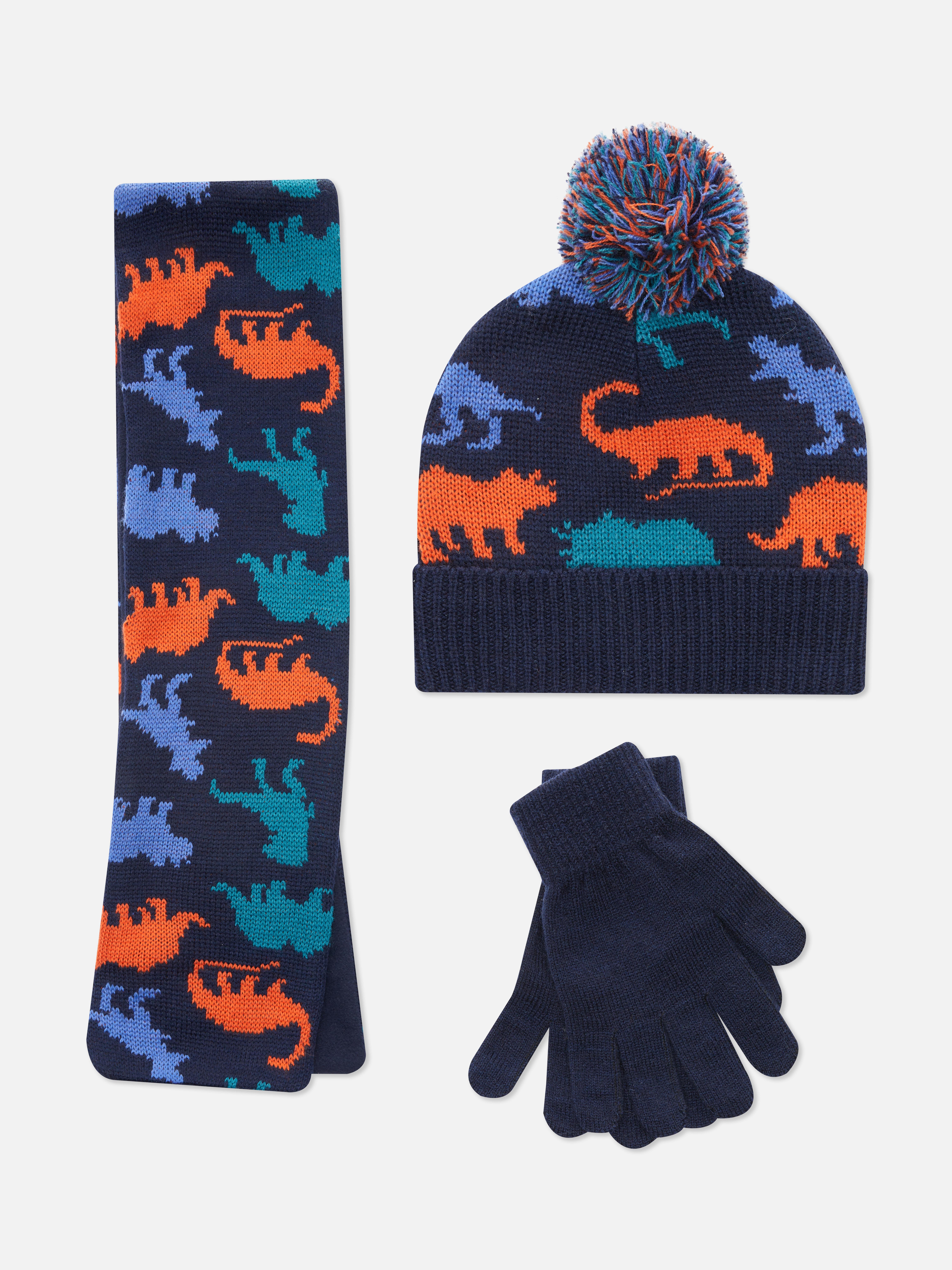 Knitted Dinosaur Scarf, Gloves and Hat Set