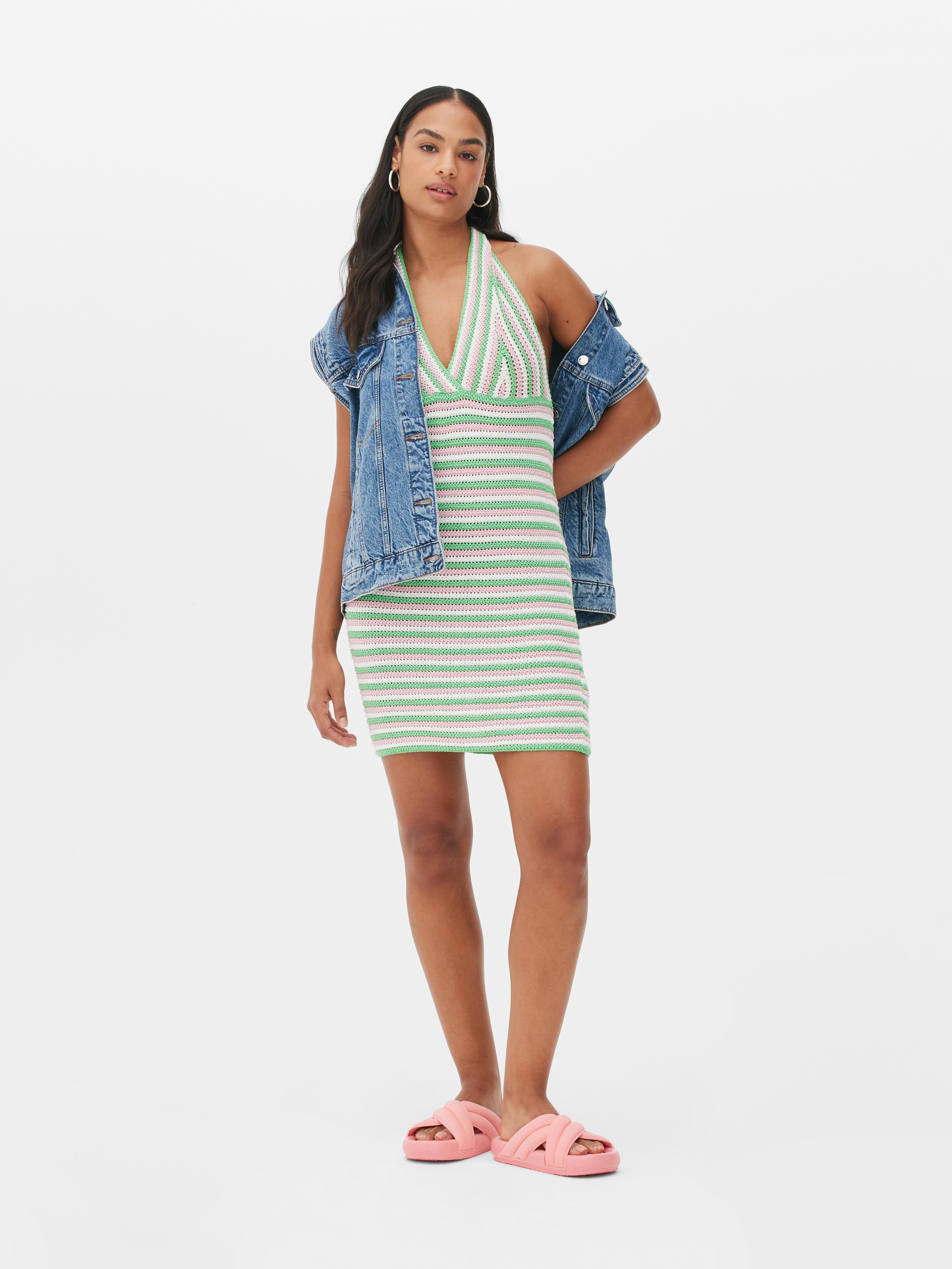 Striped Halterneck Crochet Mini Dress