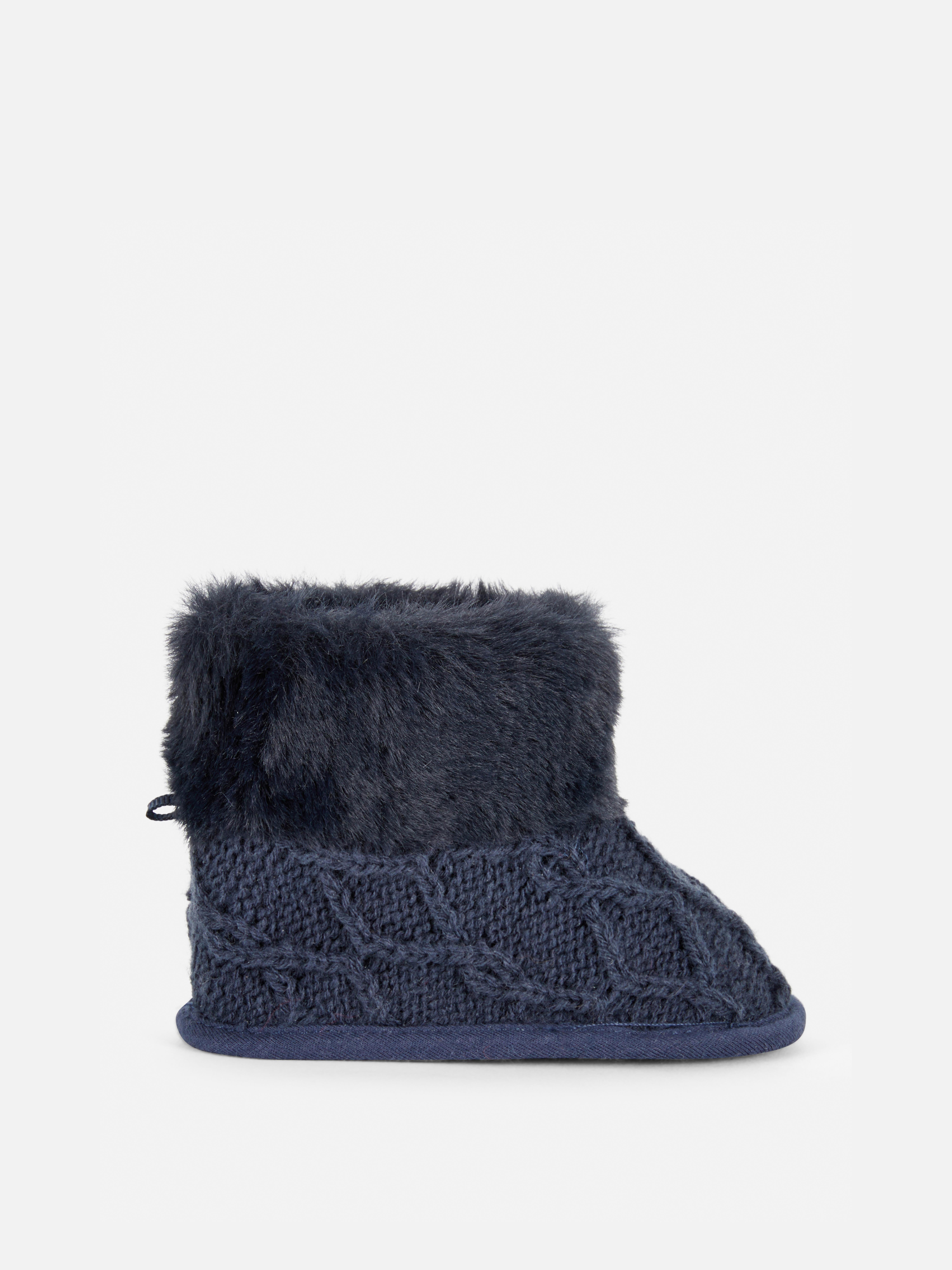 Cable Knit Faux Fur Bootie Slippers Navy