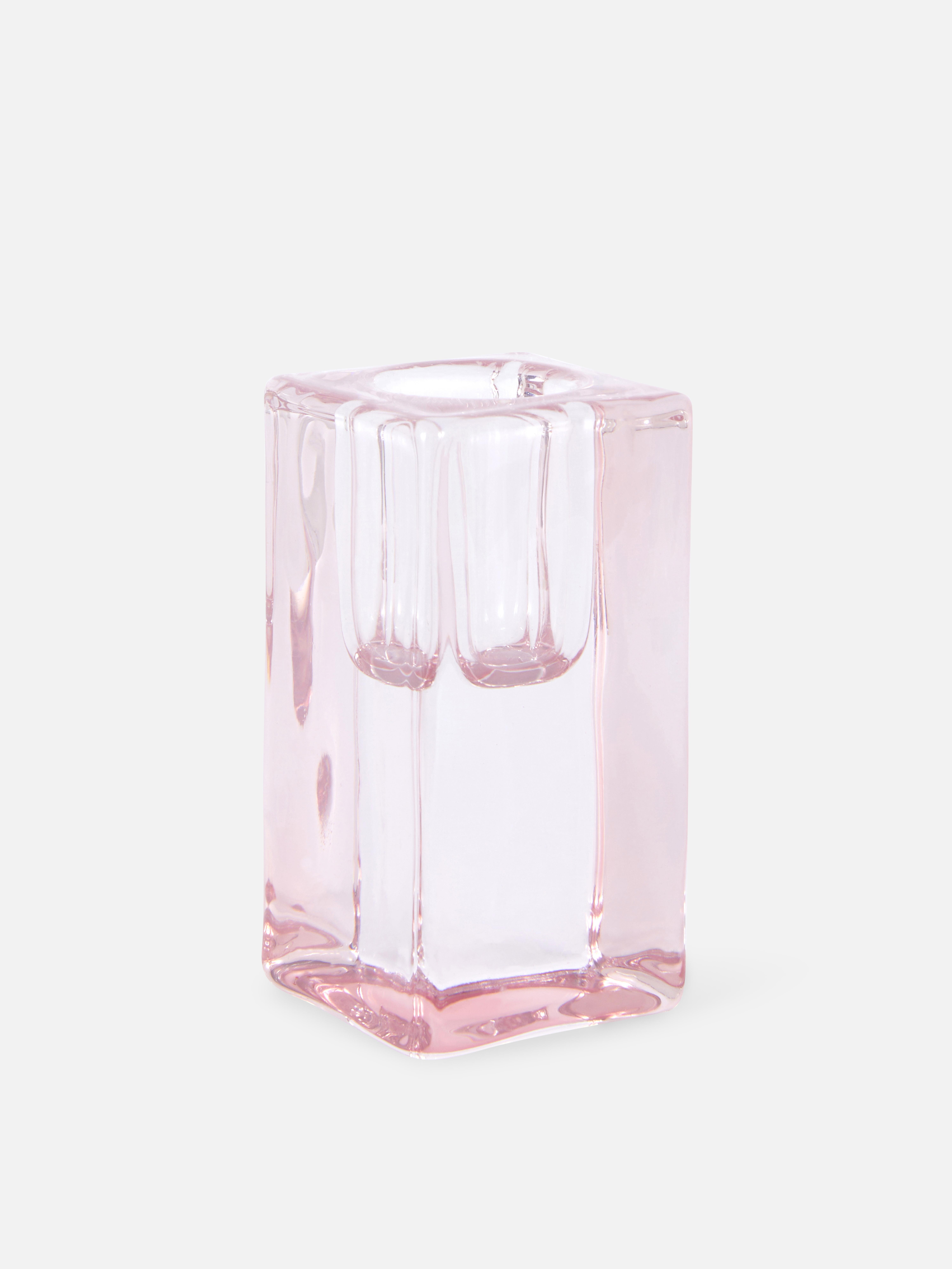 Small Glass Cube Candlestick Holder Pink
