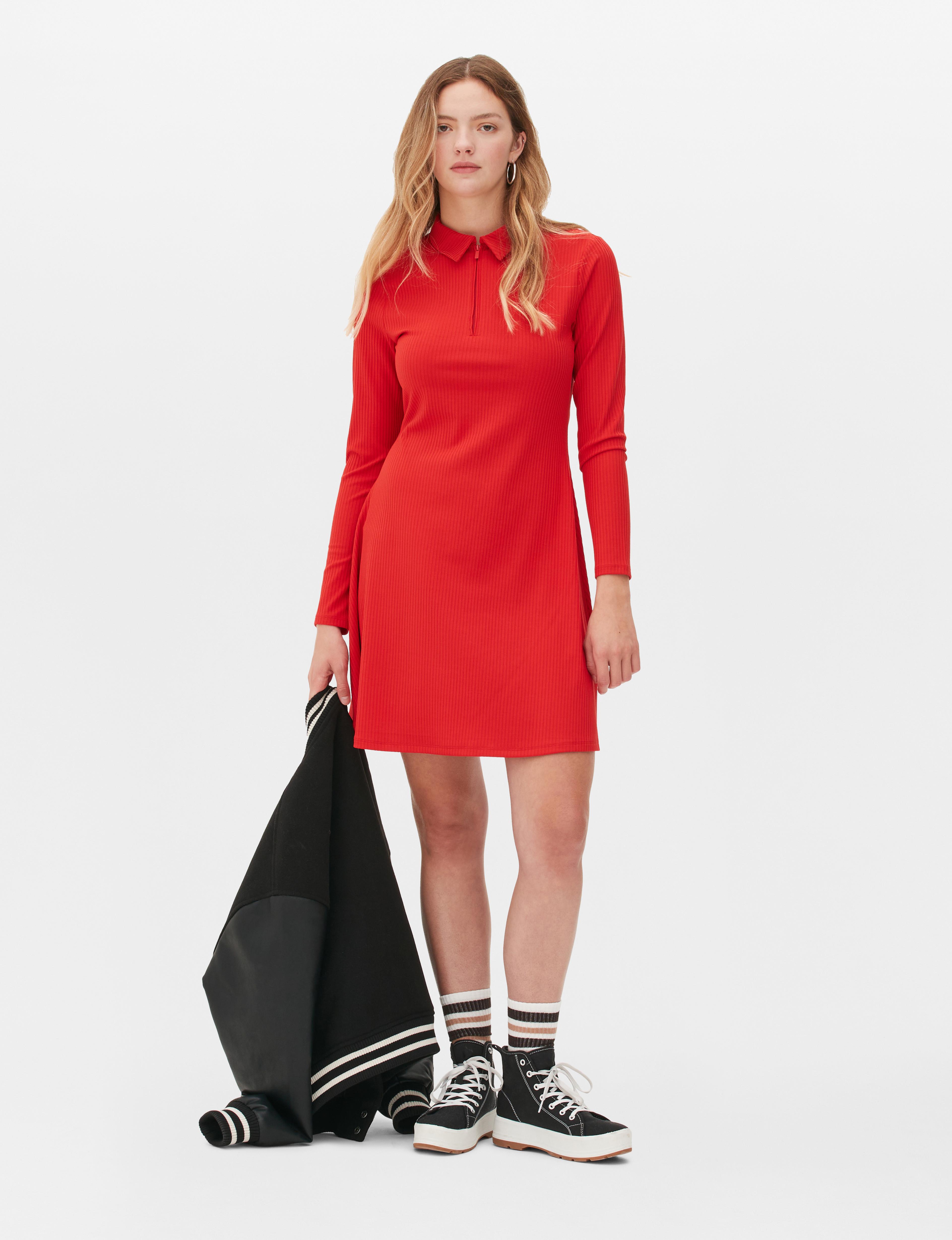 Long Sleeve Polo Mini Dress Red