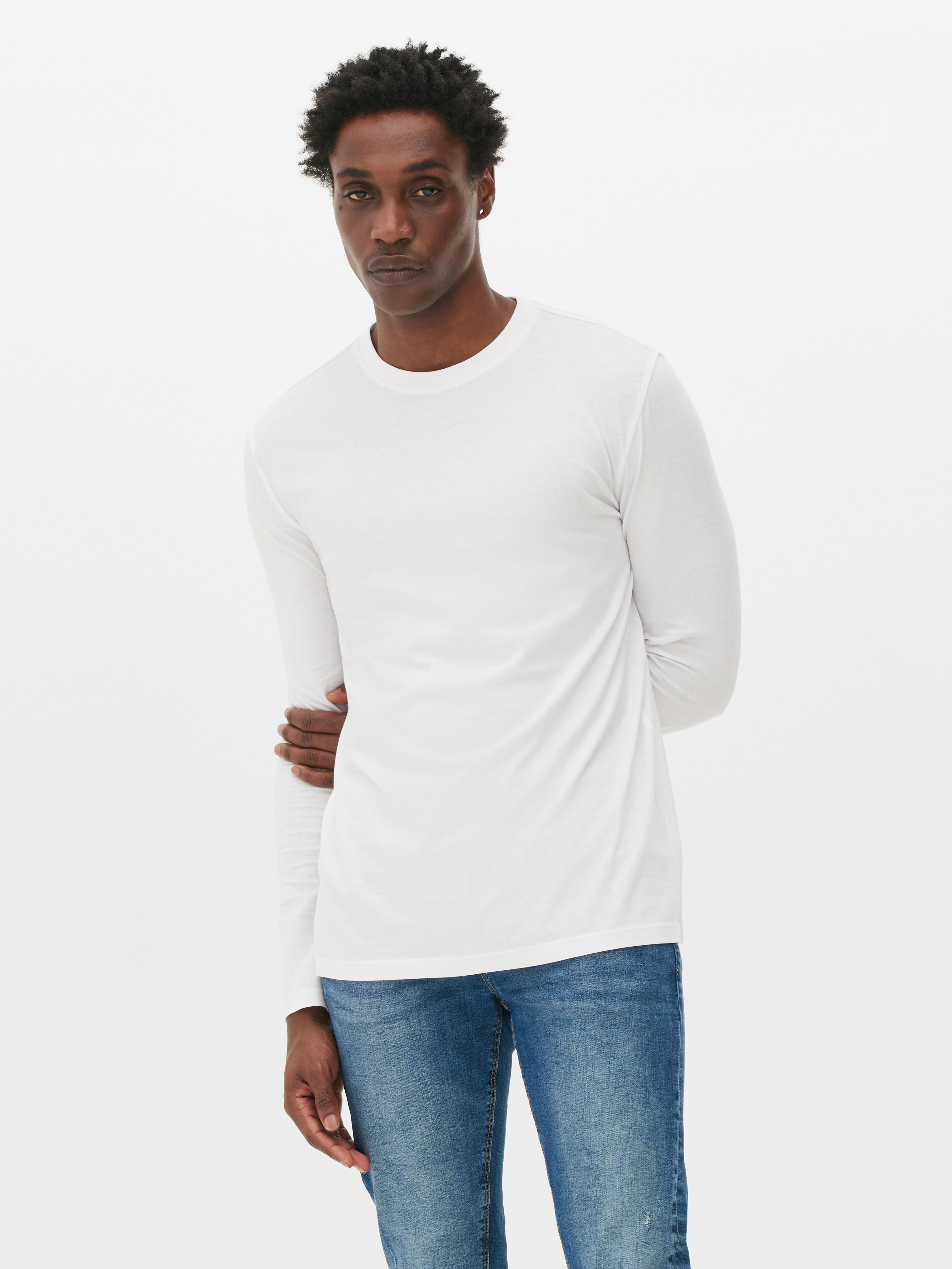 Camiseta blanca 100% algodón de manga larga para hombre 