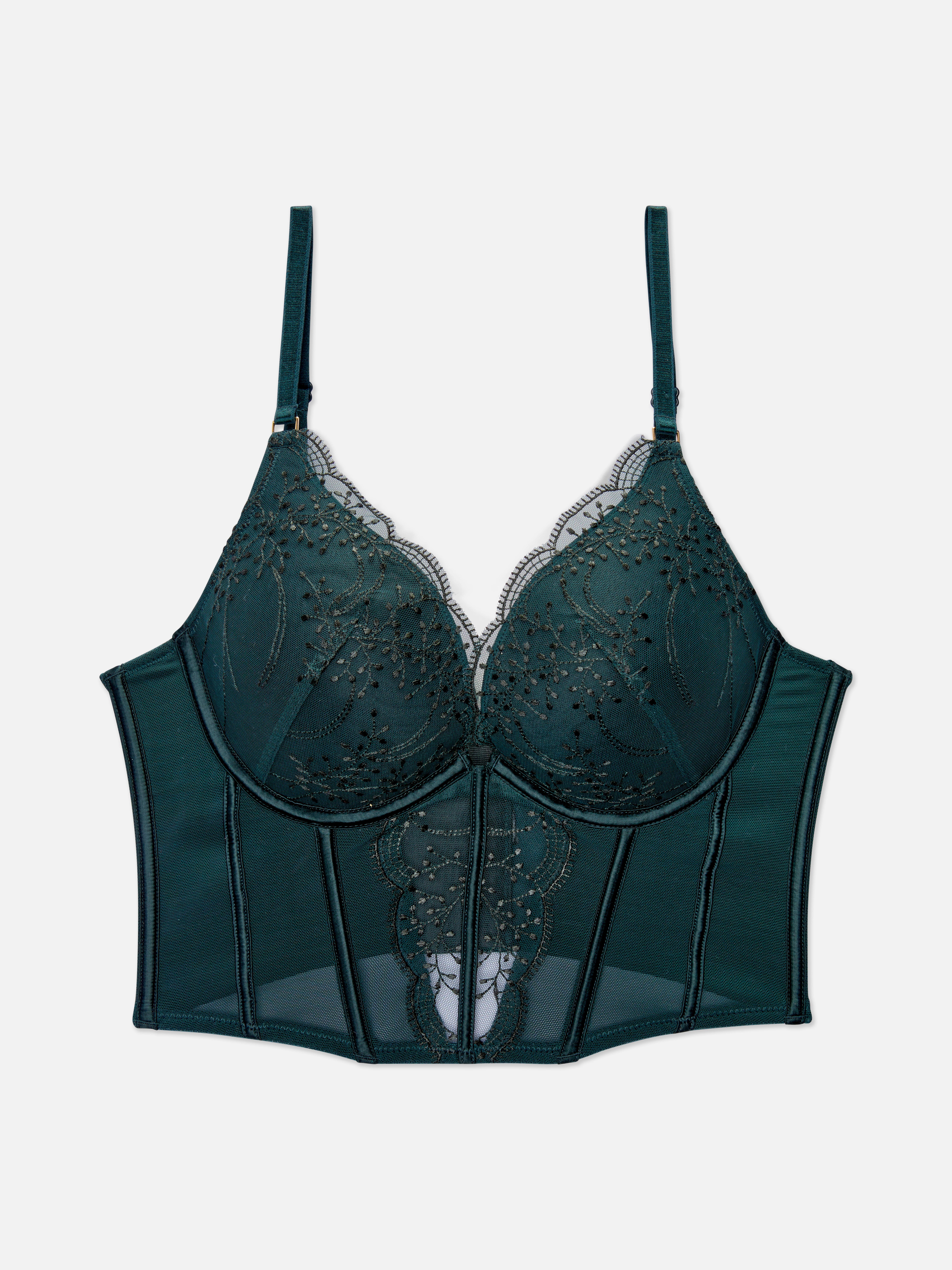 Leaf Embroidered Padded Bustier Corset Dark Green