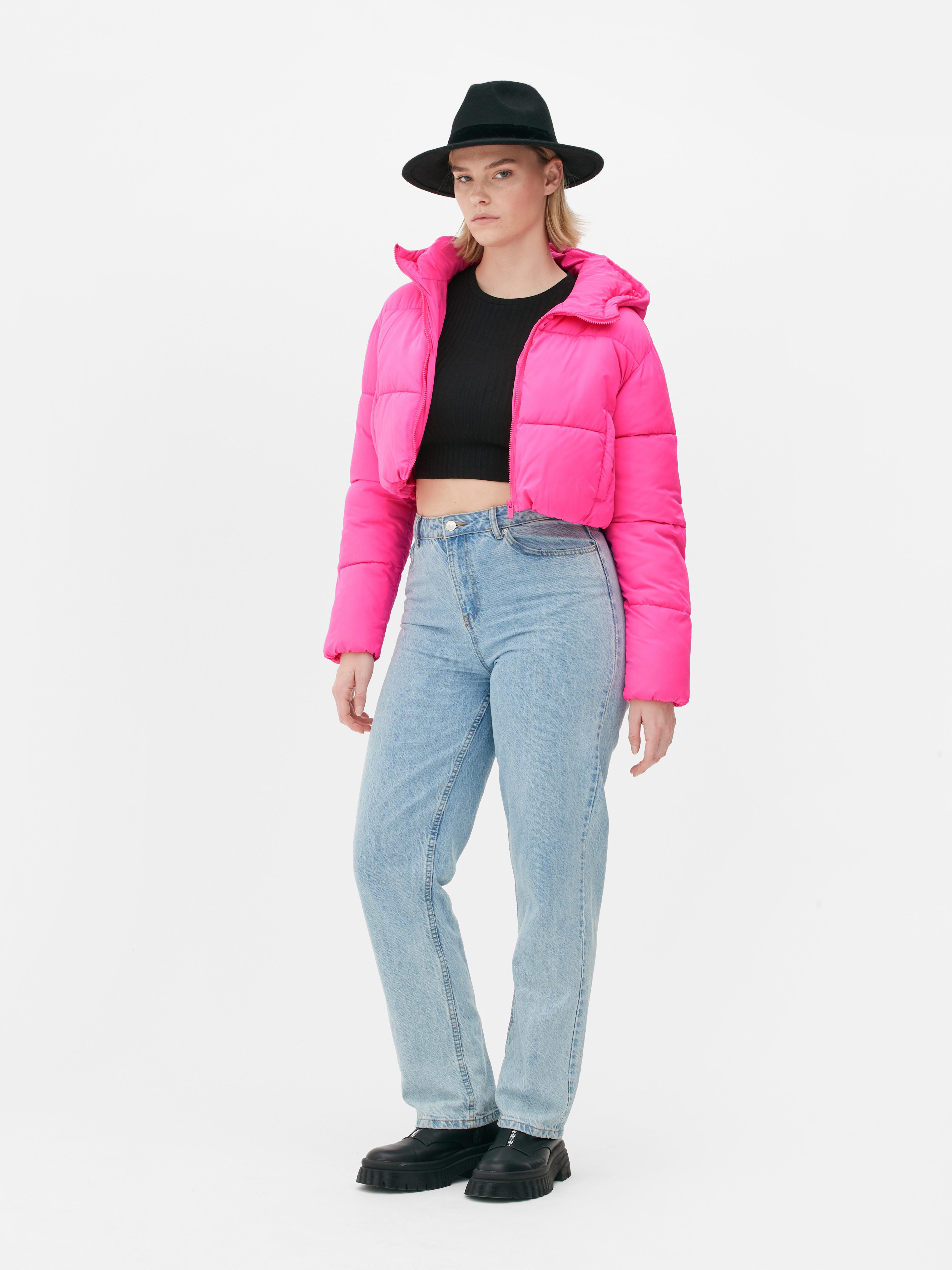 hot pink puffer jacket cropped