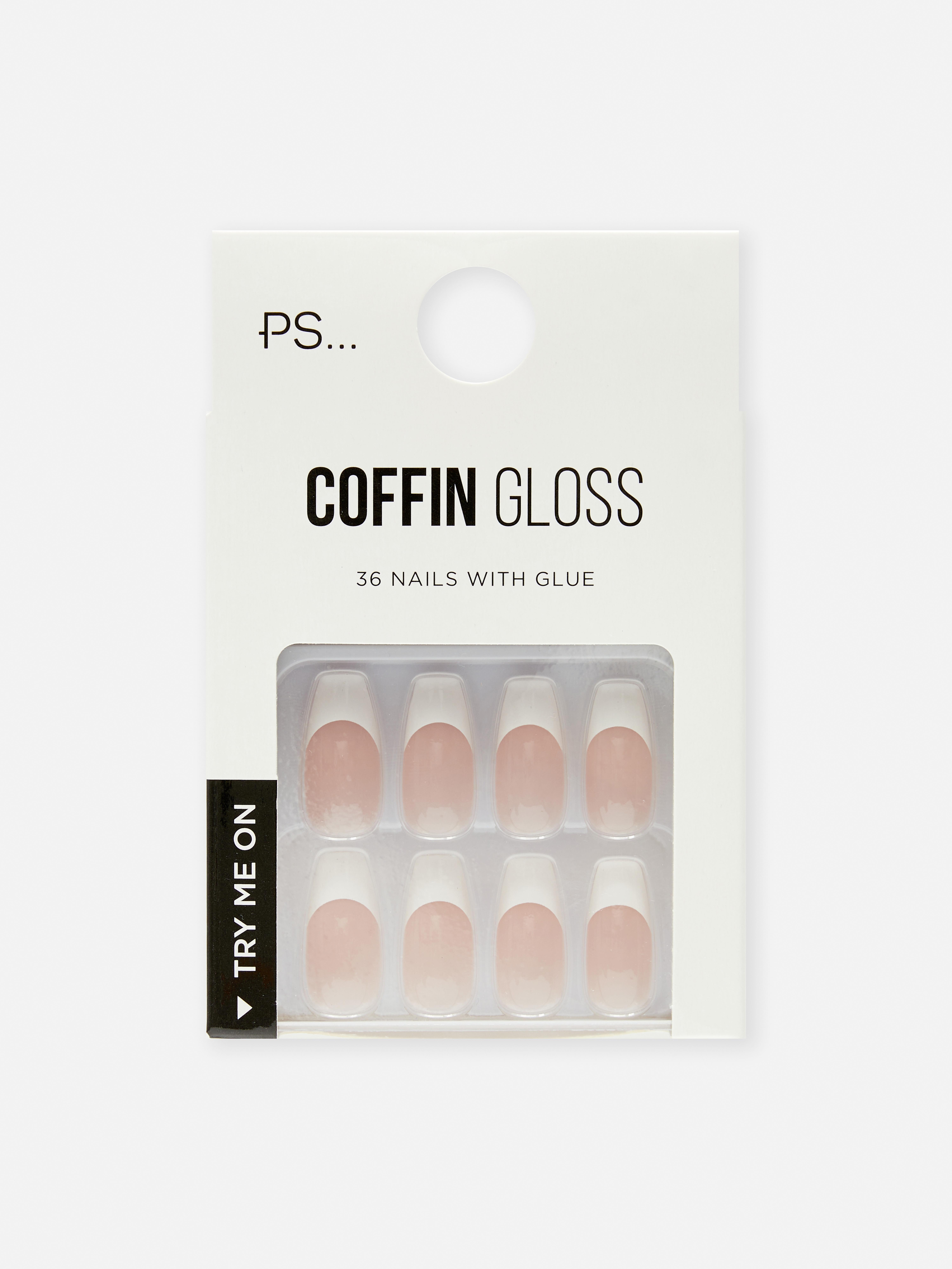 PS... Glossy Coffin-Shaped French False Nails