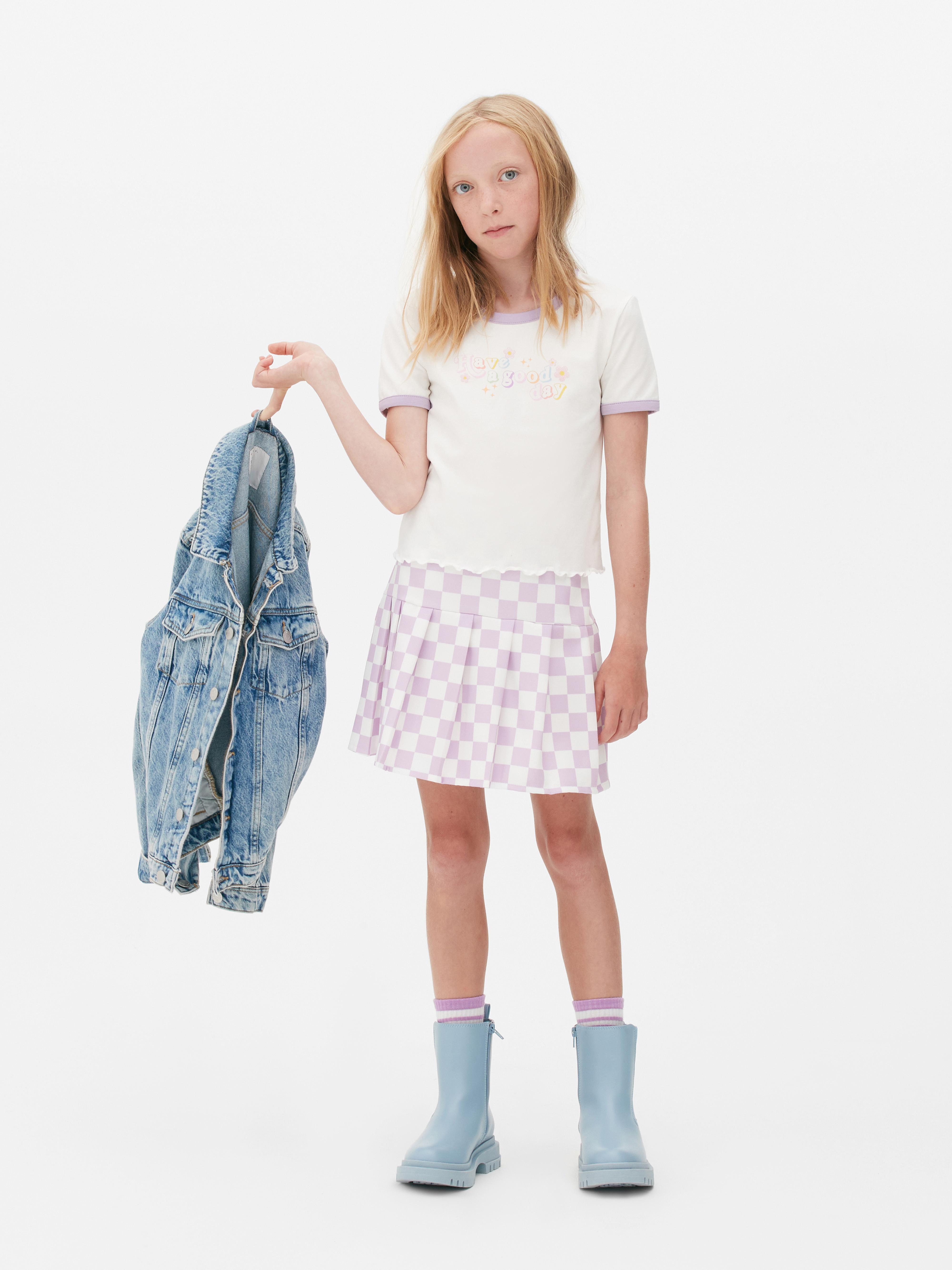 Girls Lilac Slogan T-shirt and Check Skirt Set | Primark