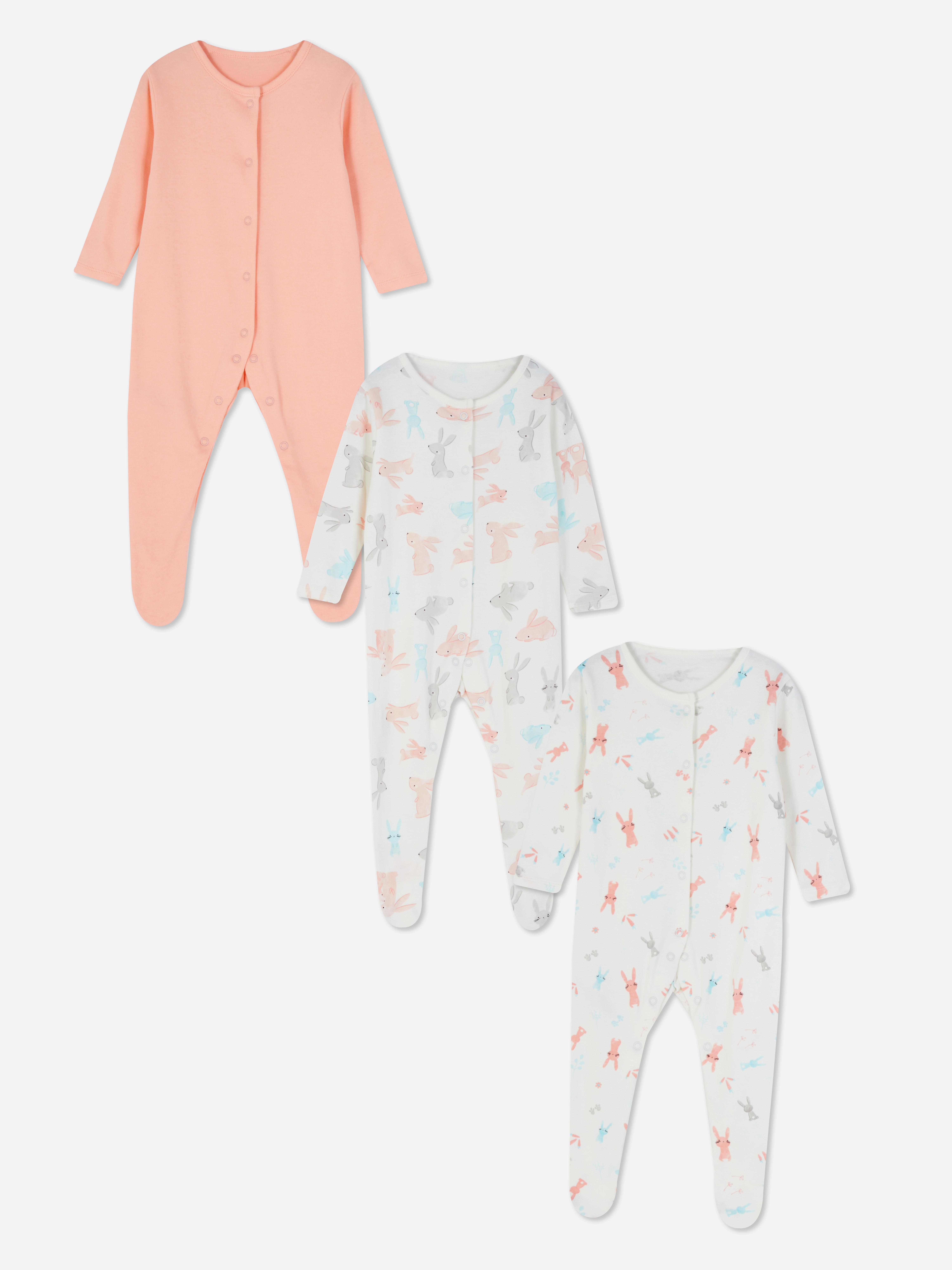 3pk Bunny Print Sleepsuit Babygrows