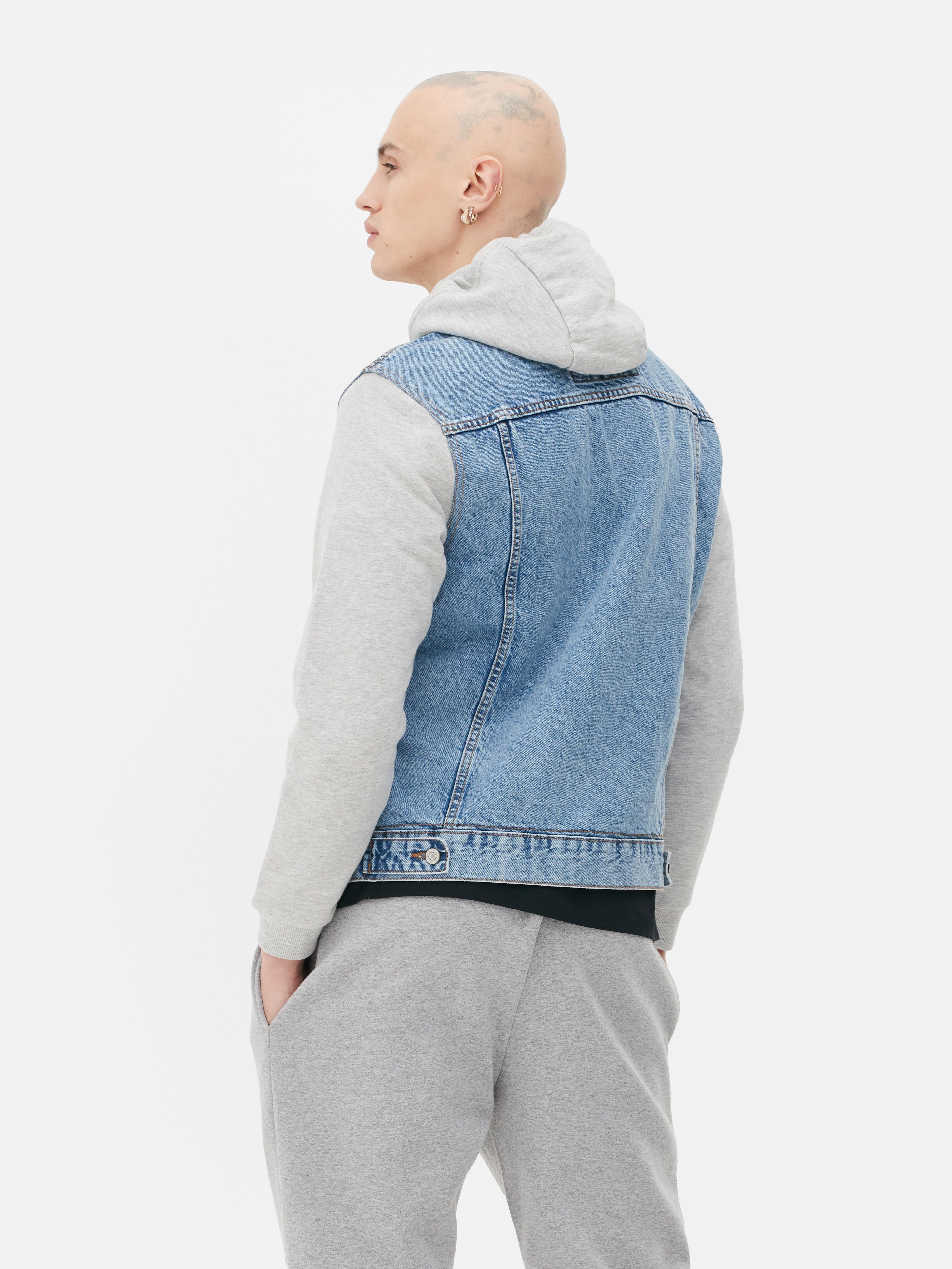 Denim jacket with jersey sleeves sale