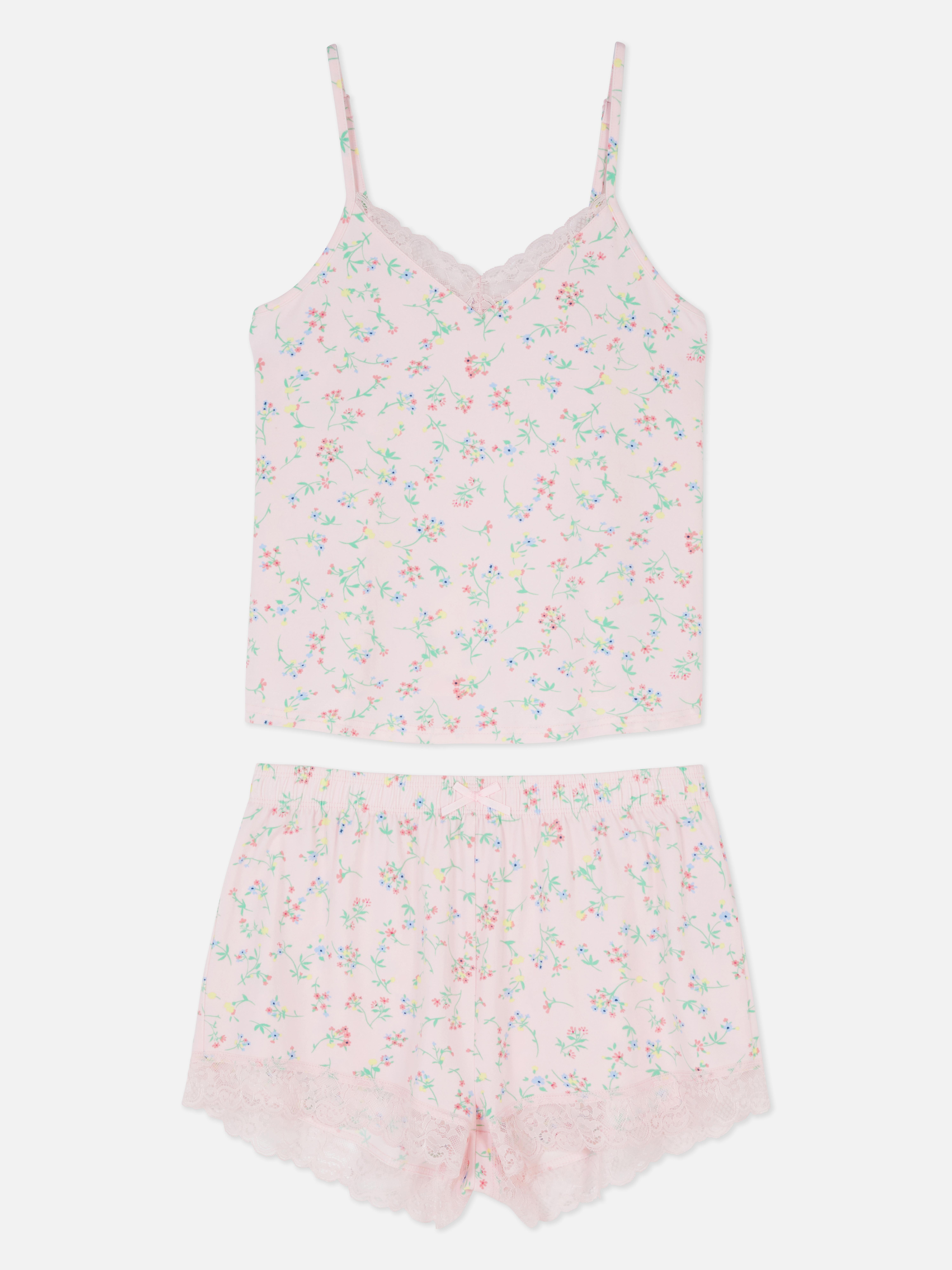 Lace Trim Cami Top and Shorts Pyjama Set Light Pink