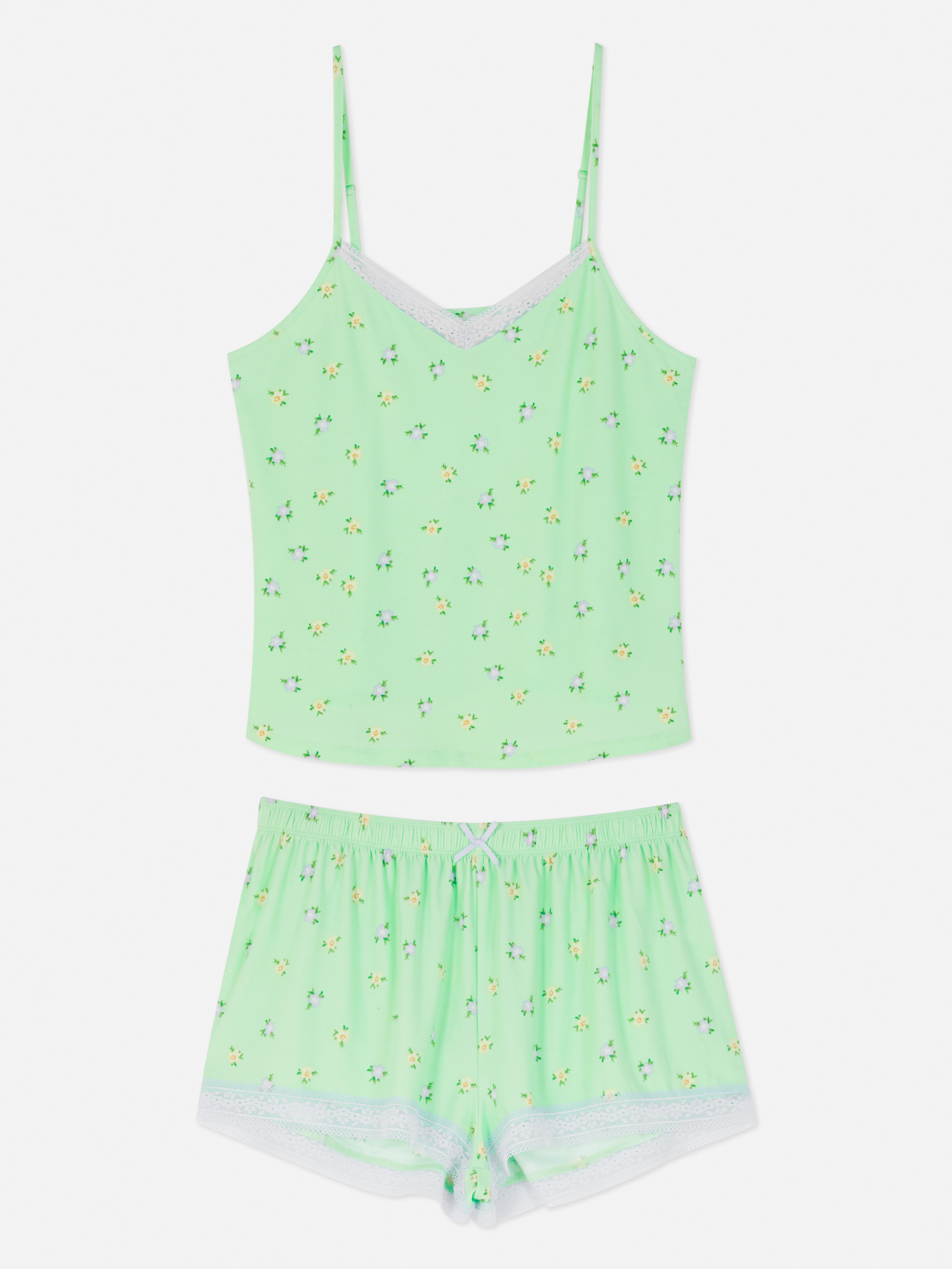 Lace Trim Cami Top and Shorts Pyjama Set Green
