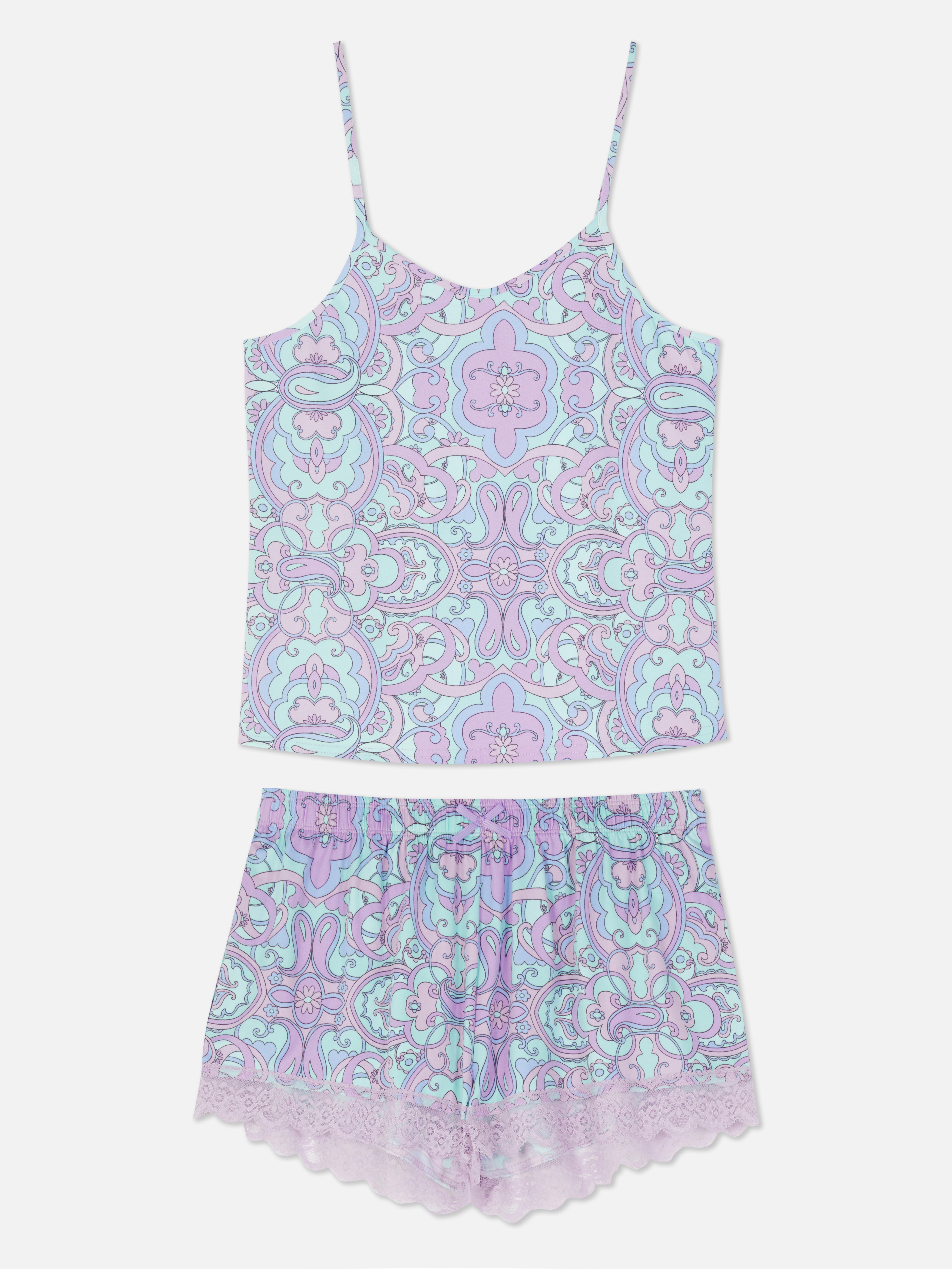 Lace Trim Cami Top and Shorts Pyjama Set Purple
