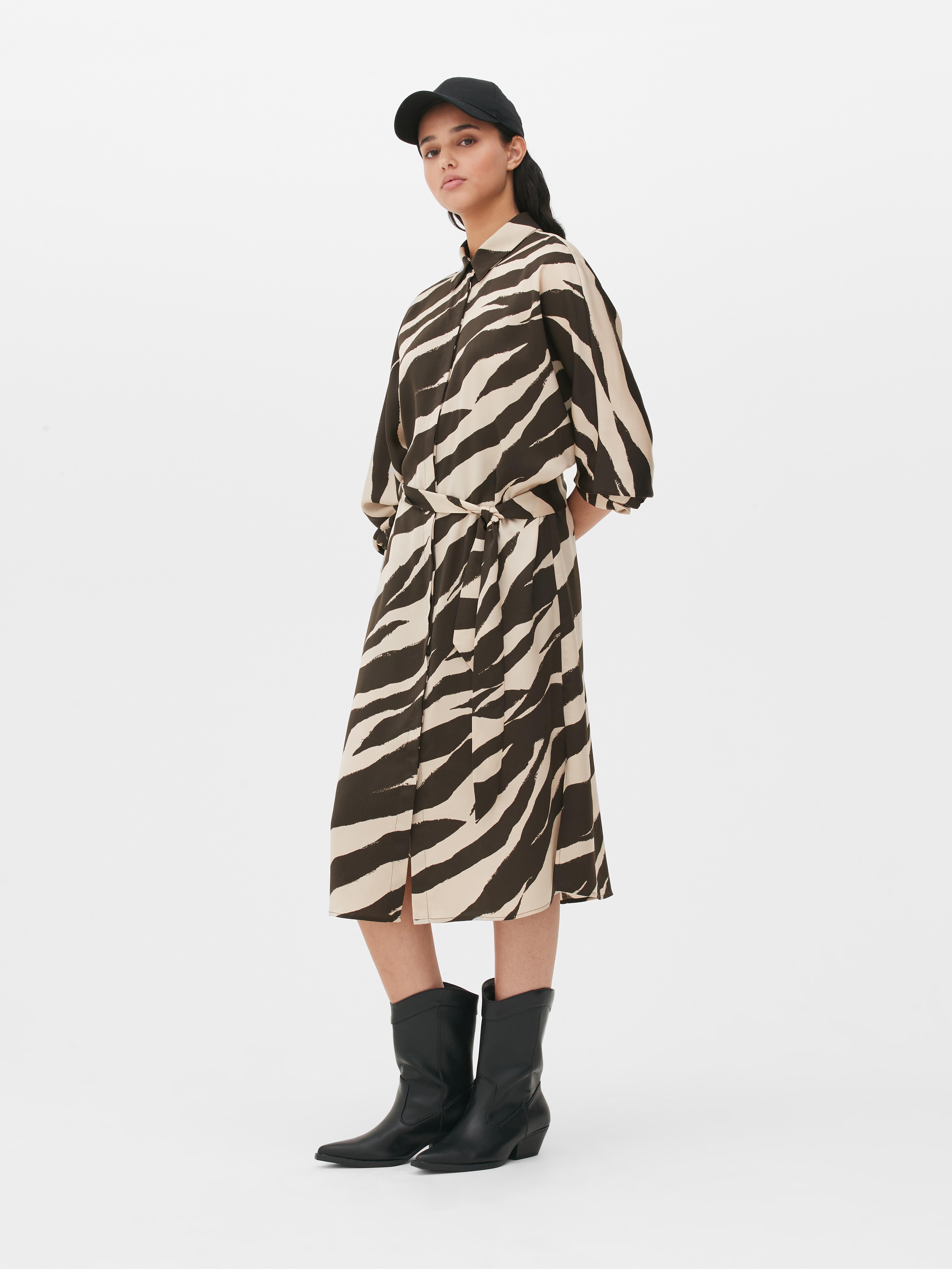 Zebra Print Long Sleeve Midi Shirt Dress