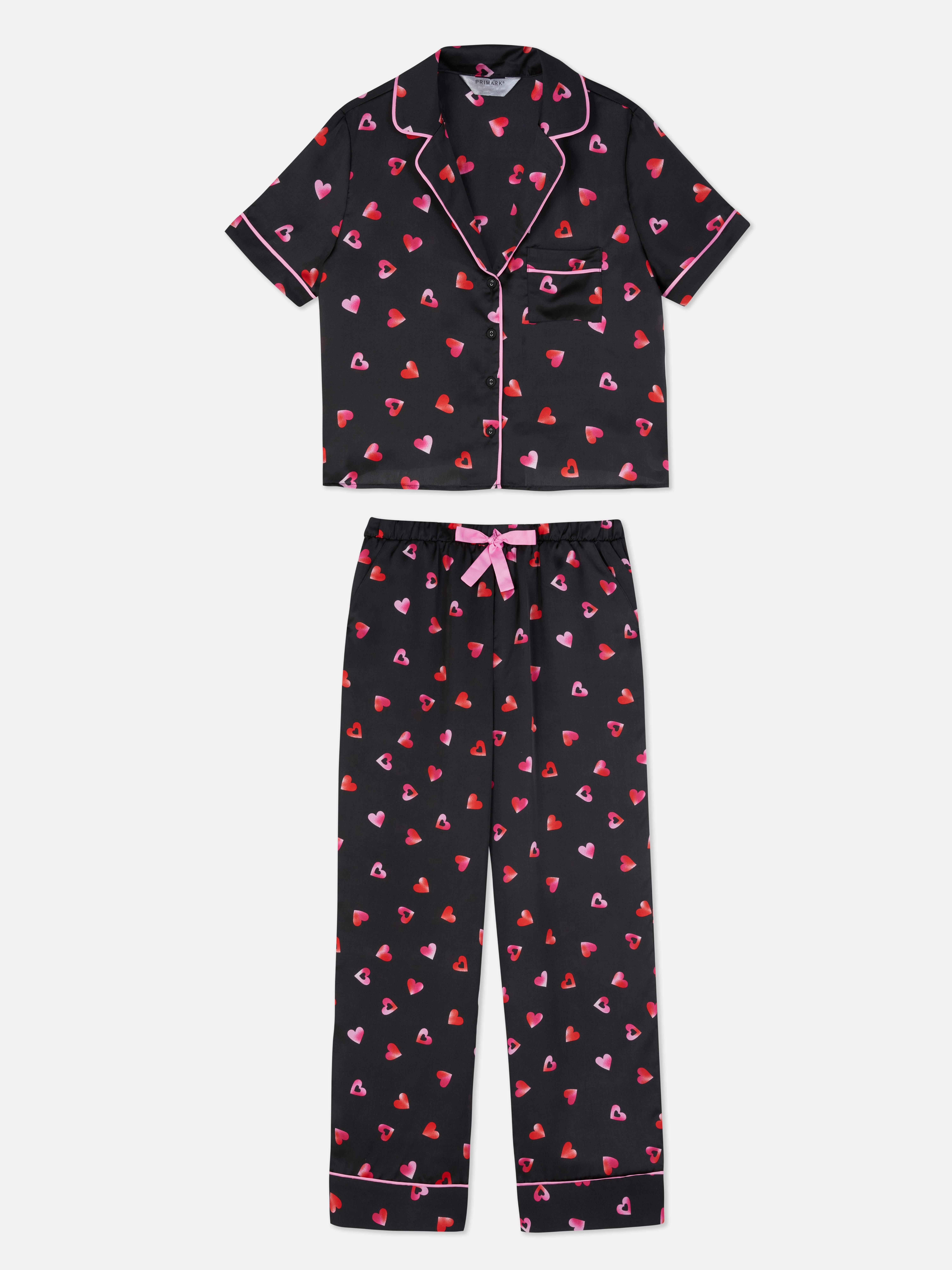 Satin Hearts Pyjama Set Black