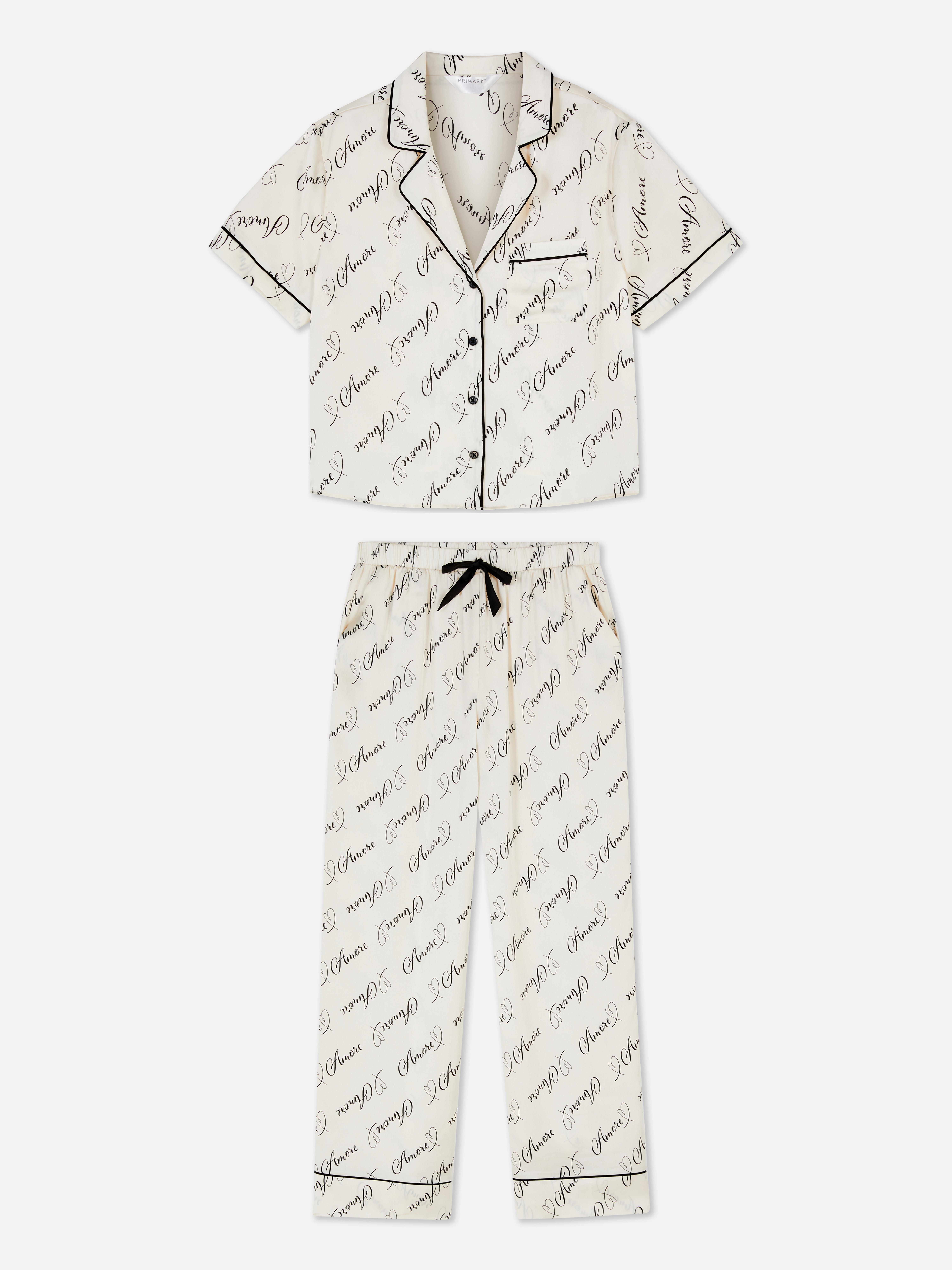 Printed Satin Pyjama Set Ivory
