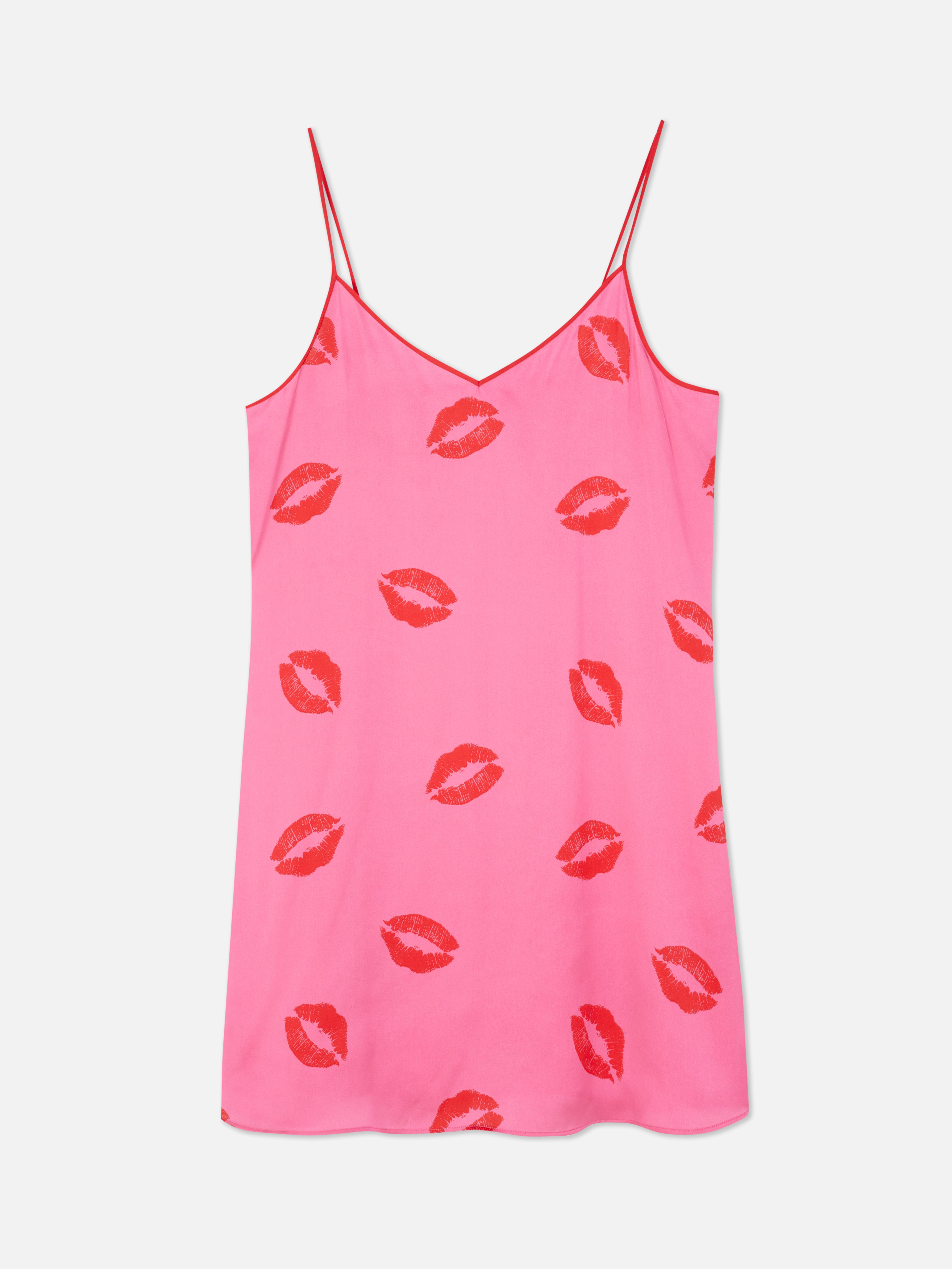 Kiss Pattern Satin Chemise Nightdress Pink