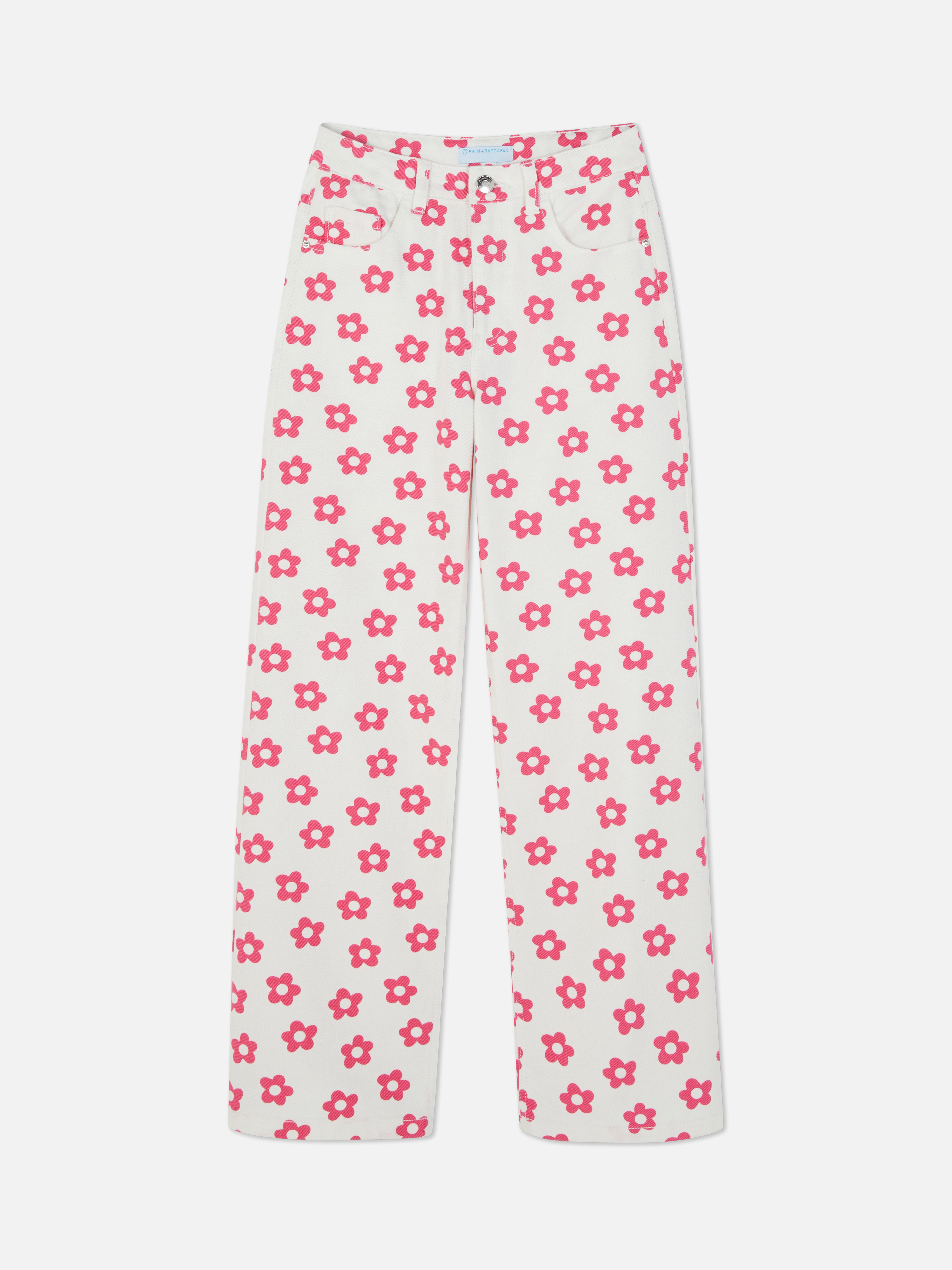 Wide Leg Flower Print Jeans