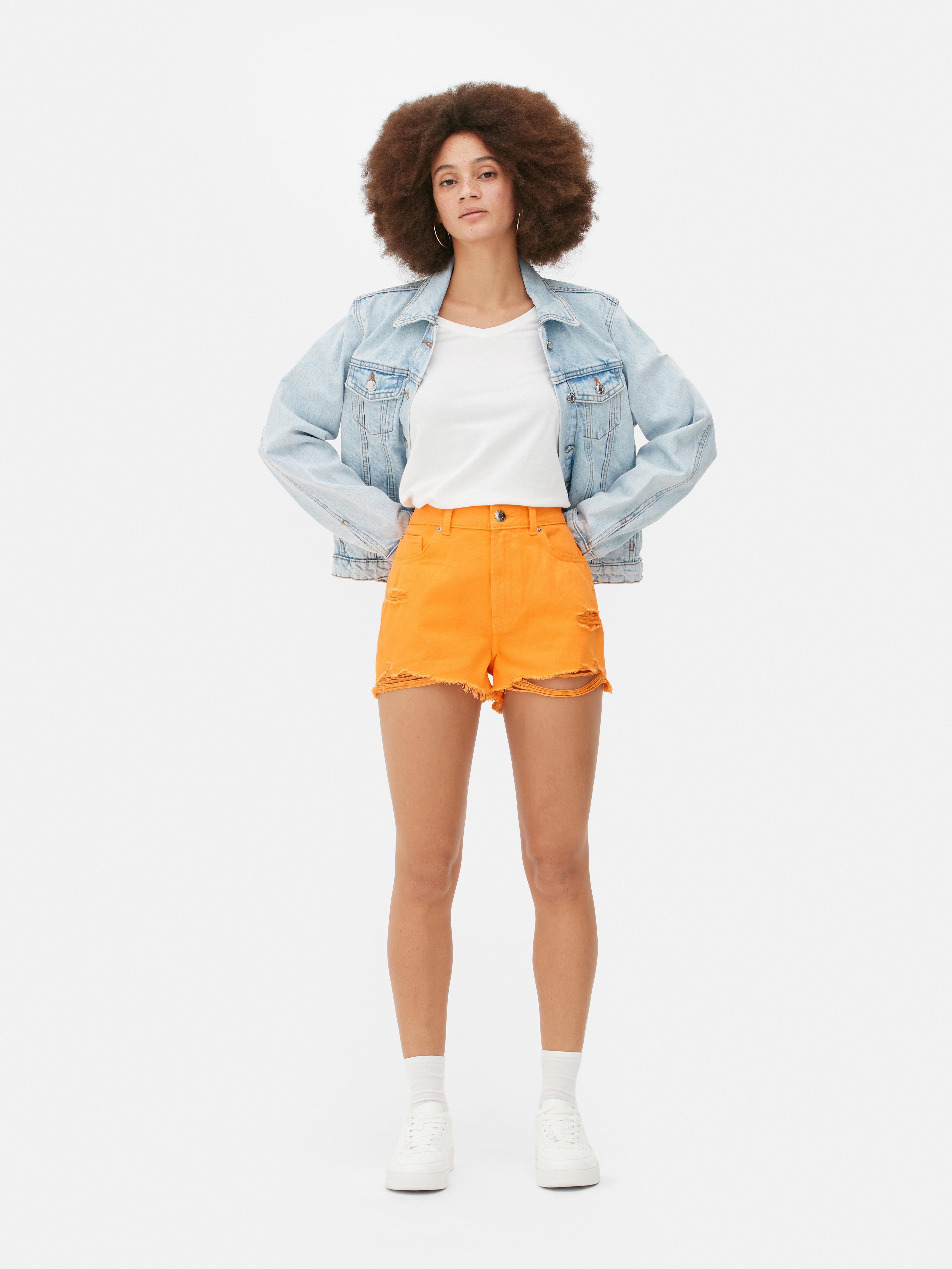 Frayed Denim Shorts Orange