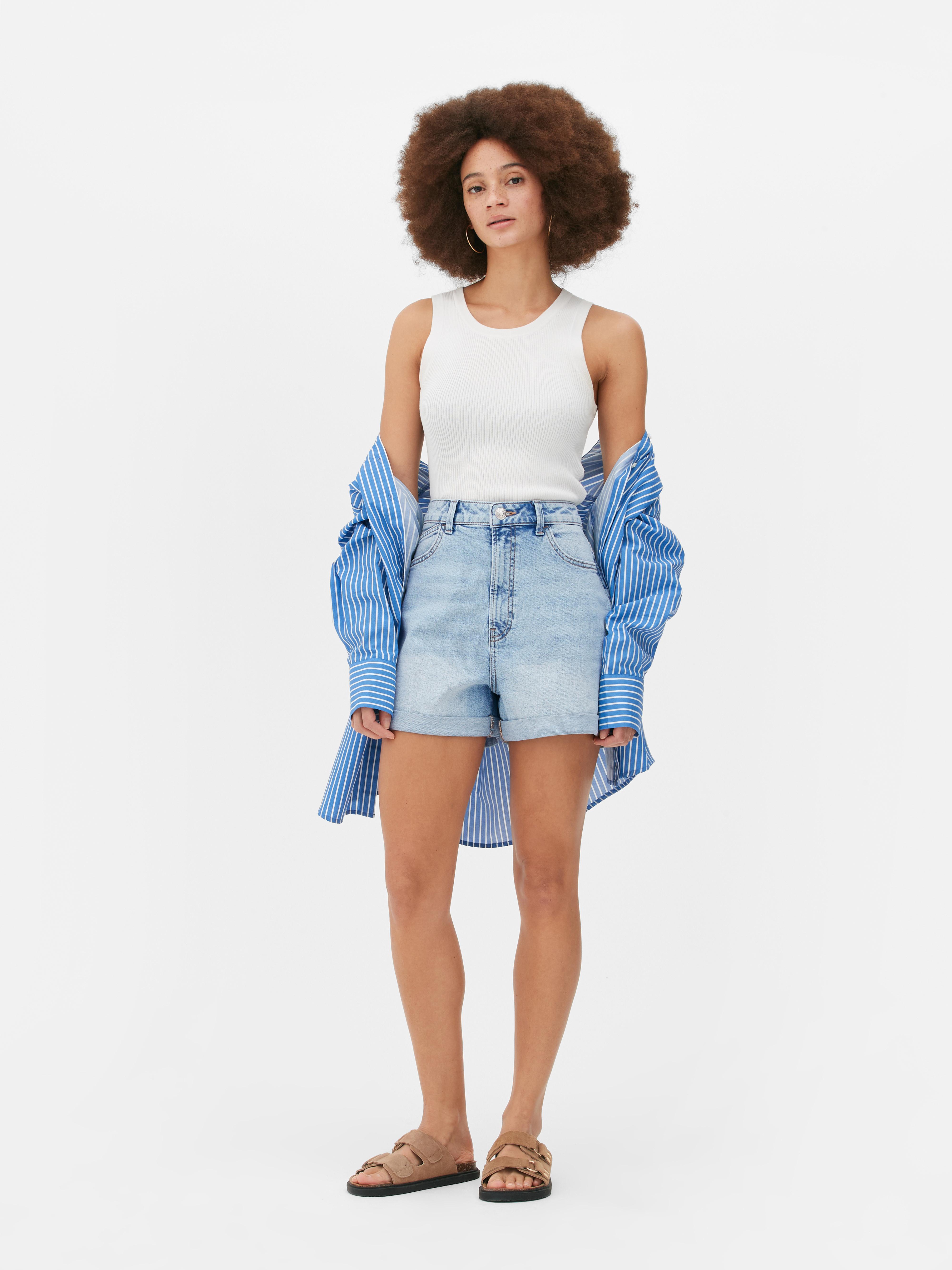 Cuffed Denim Mom Shorts Light Blue