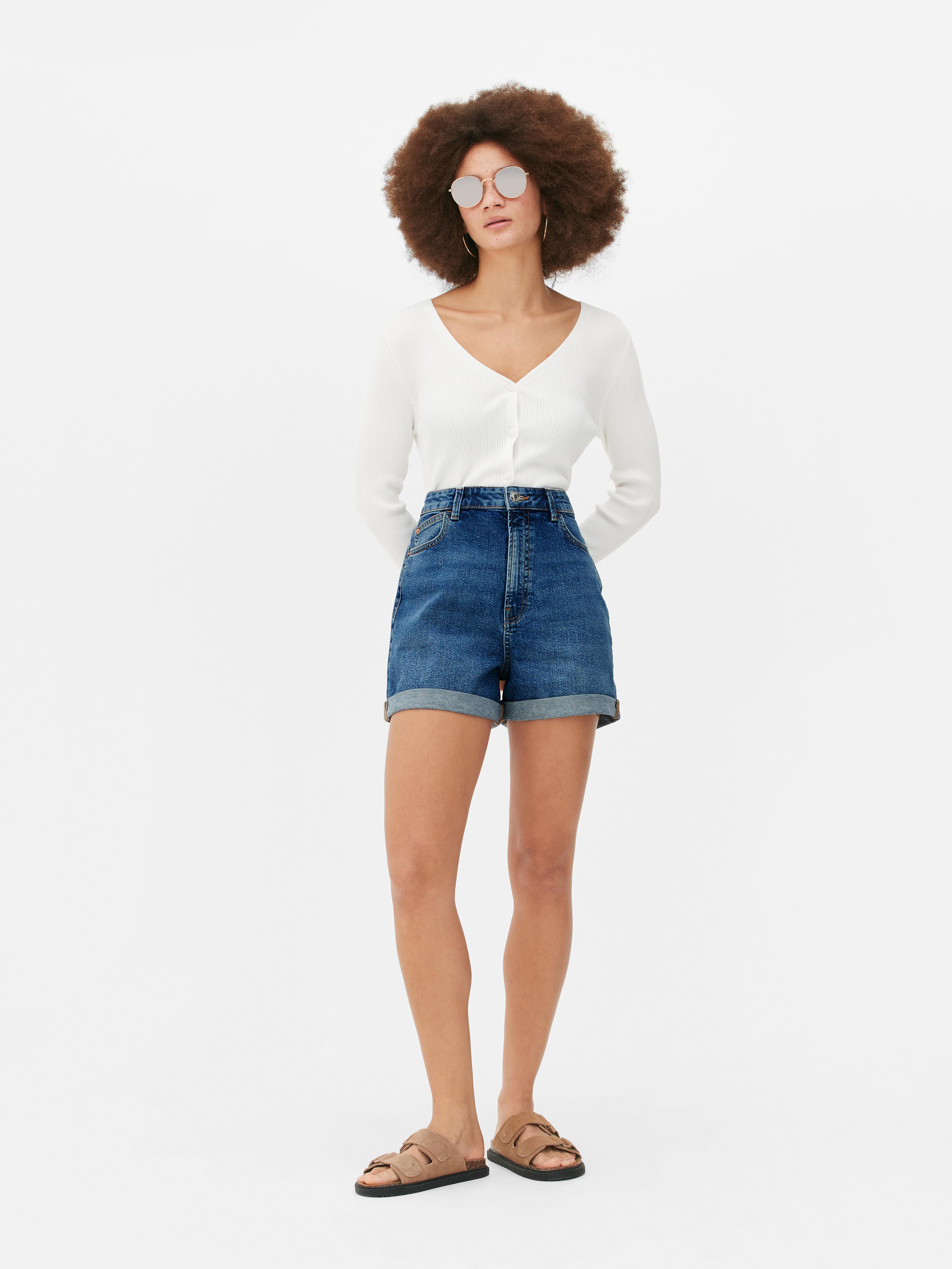 Cuffed Denim Mom Shorts Mid Blue