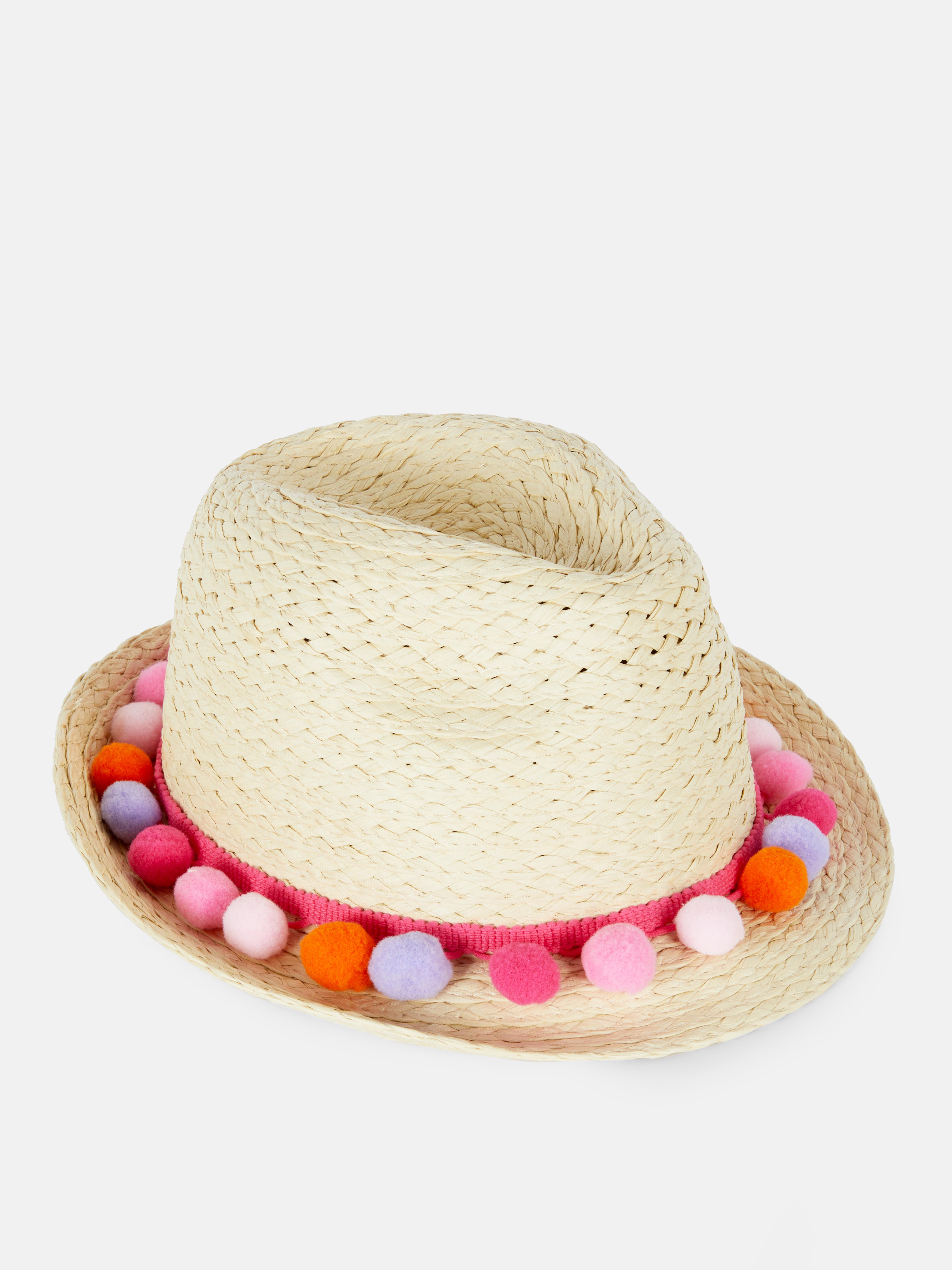 Pom-Pom Trim Straw Hat