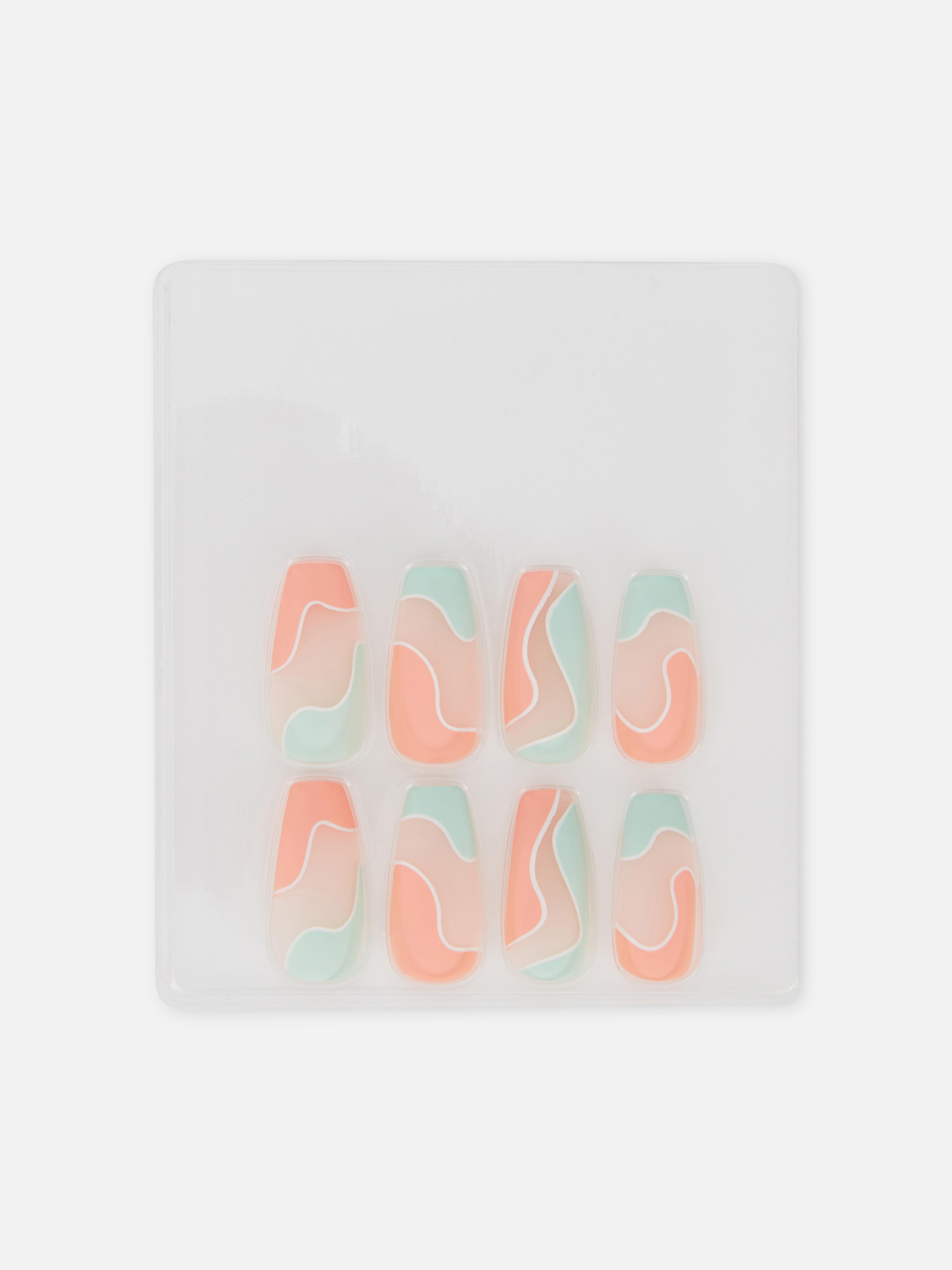 Abstract Pastel Coffin Shape Faux Nails