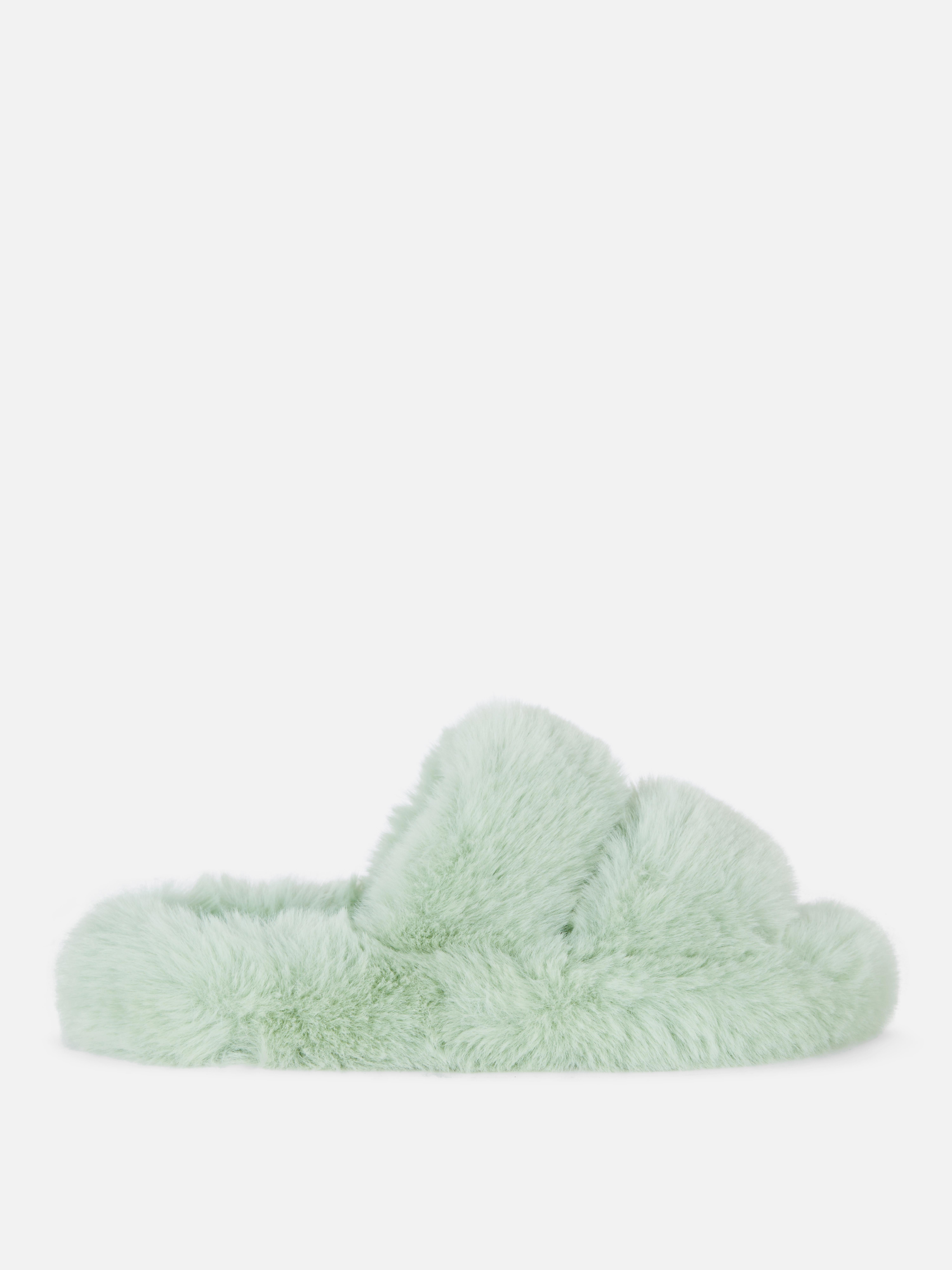 Fluffy Double Strap Slippers Green