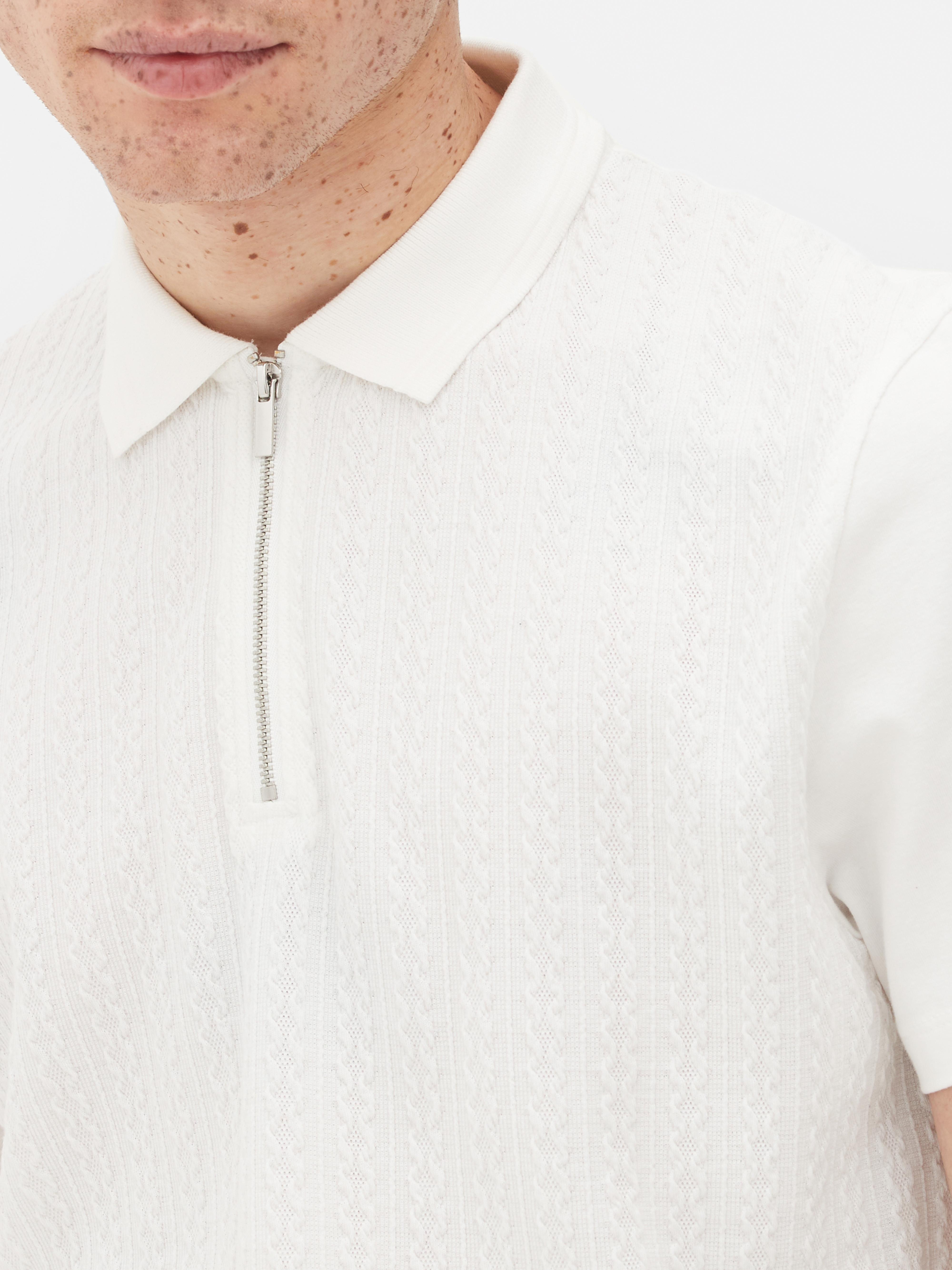 Men's White Cable Texture Quarter Zip Polo Shirt | Primark
