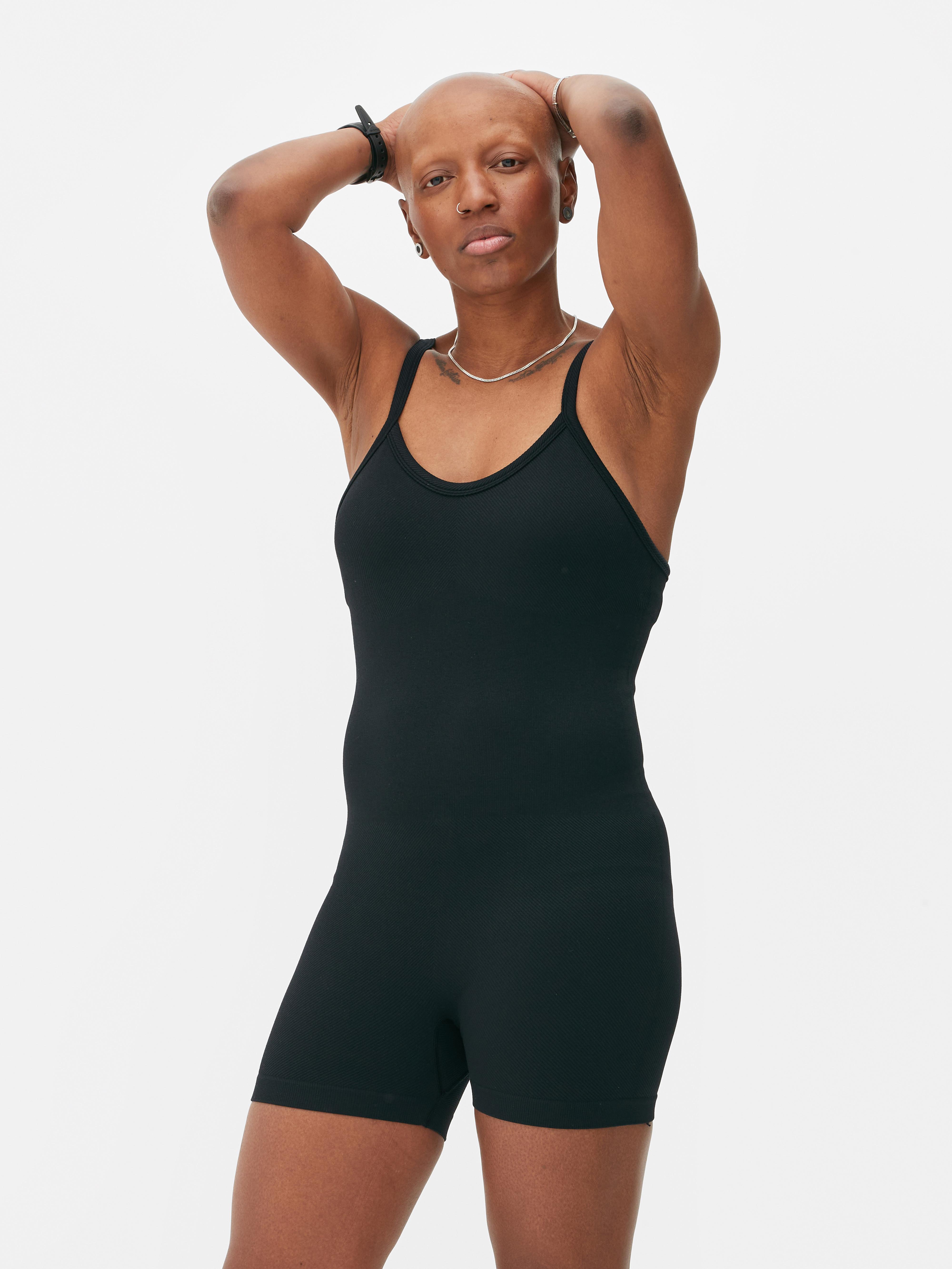 Womens Black Seamfree Ribbed Unitard