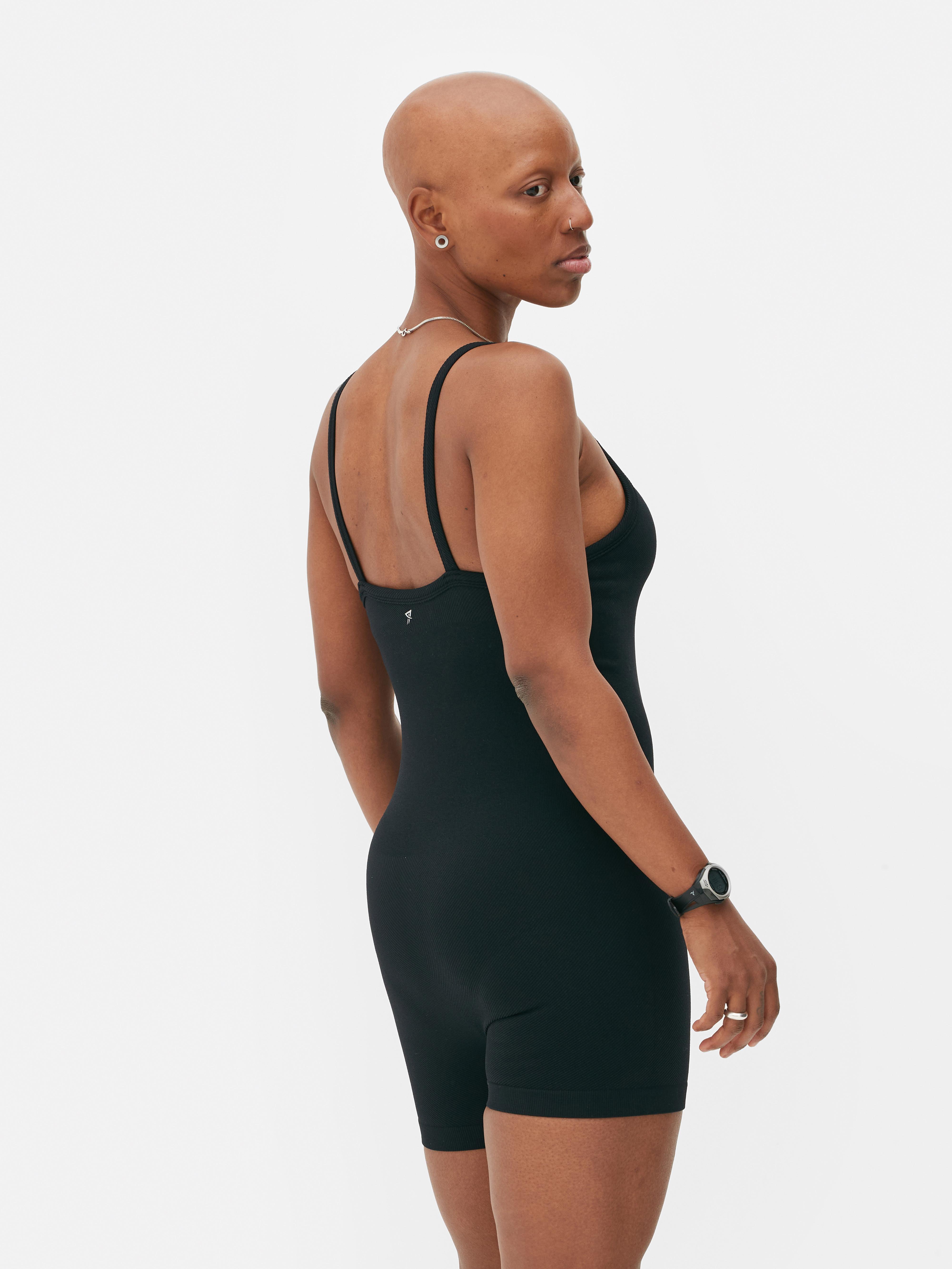 Womens Black Seamfree Ribbed Unitard