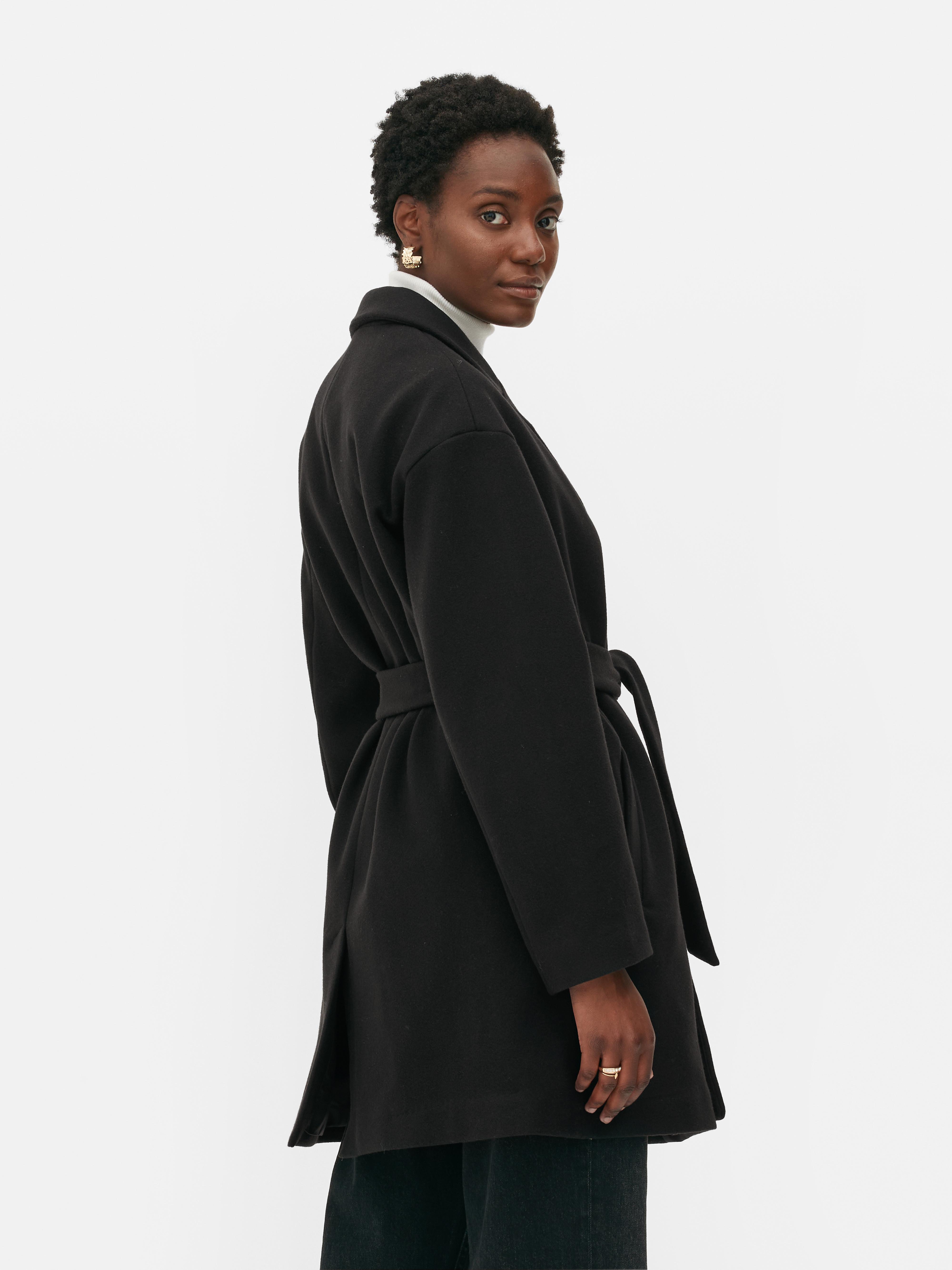 Womens Black Belted Wrap Coat Primark