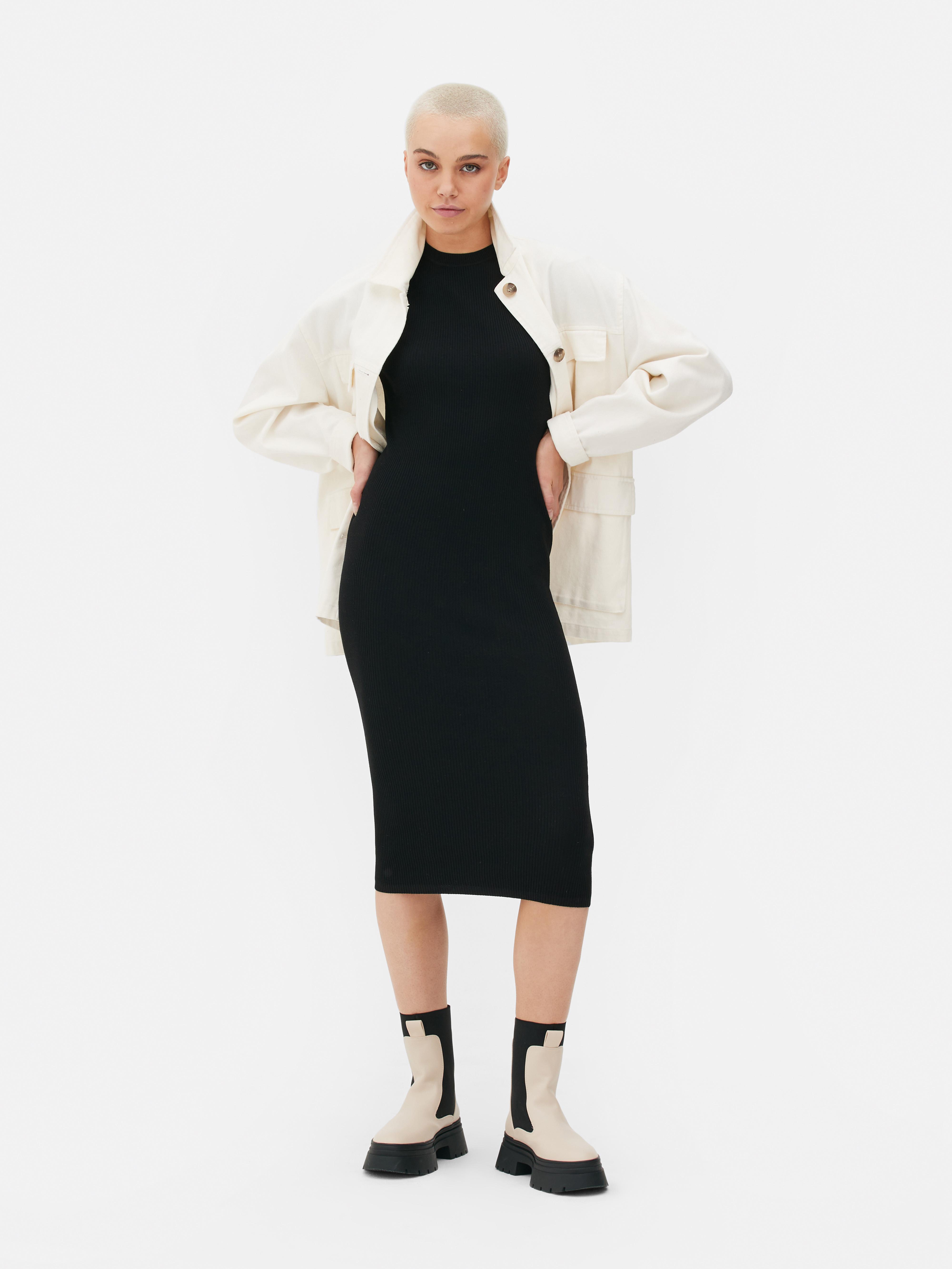 Black Ribbed Long Sleeve Midi Bodycon Dress | SilkFred US