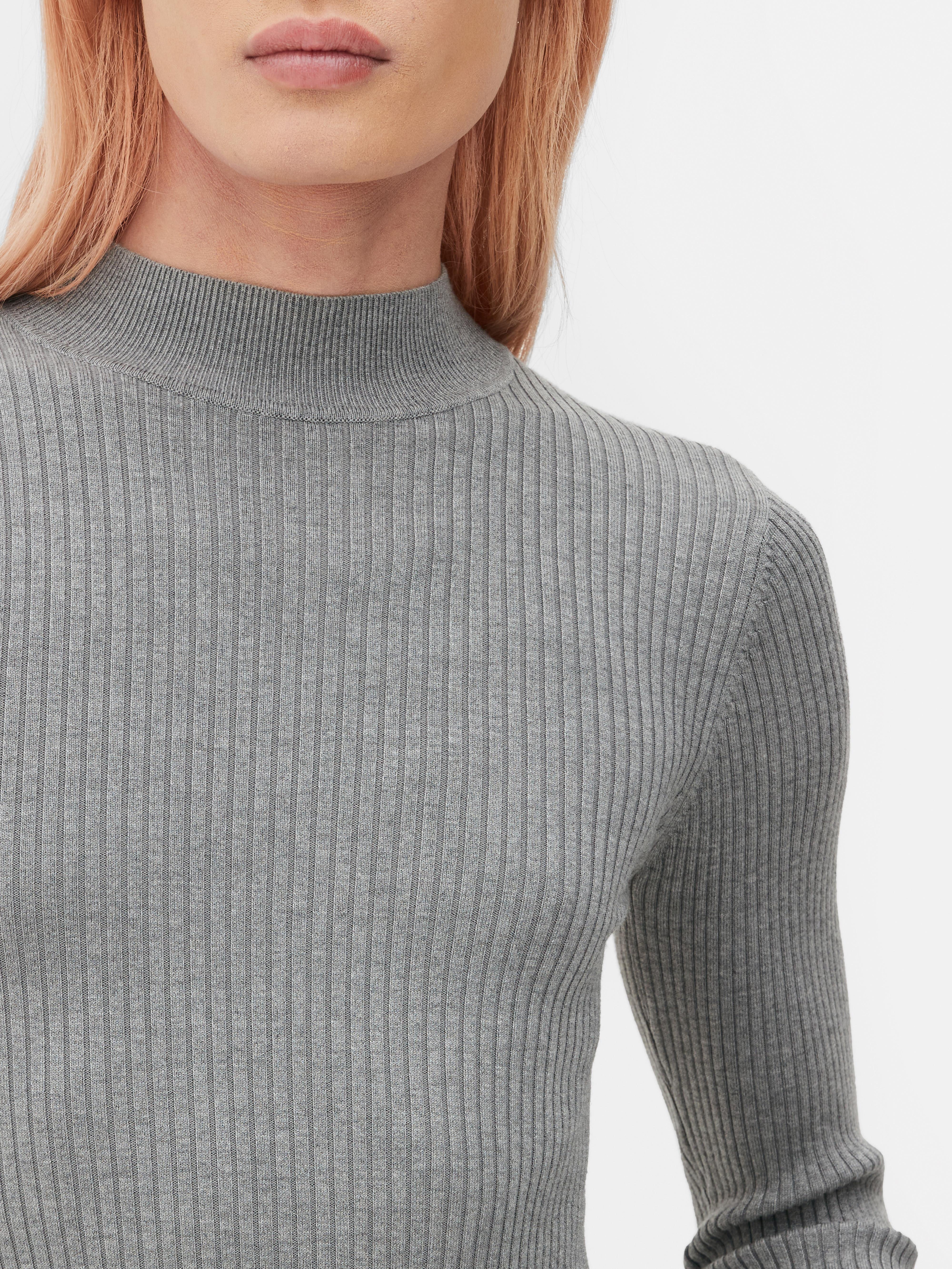 Grey ribbed high neck top best sale