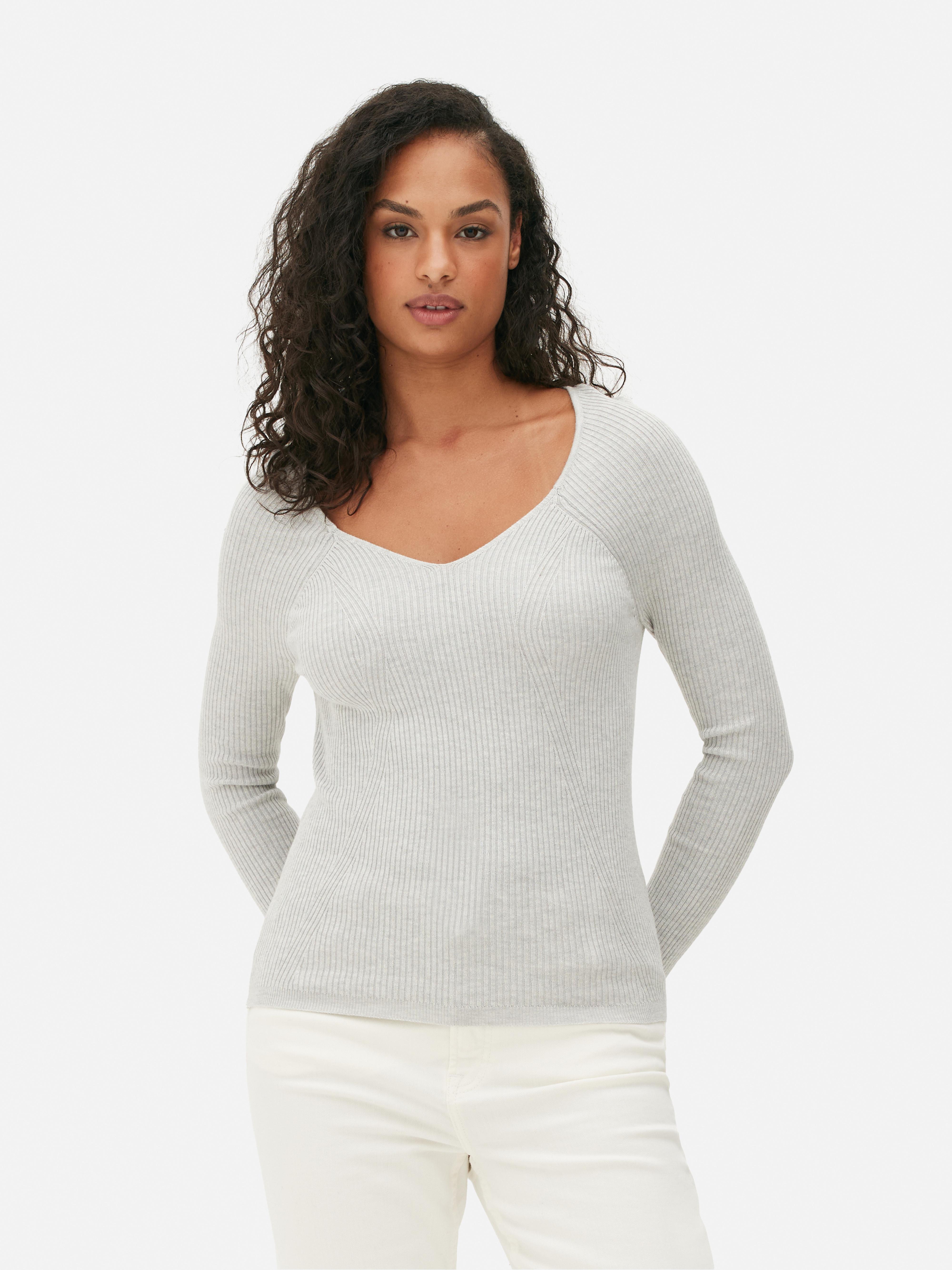 Womens Grey Ribbed V-Neck Top | Primark