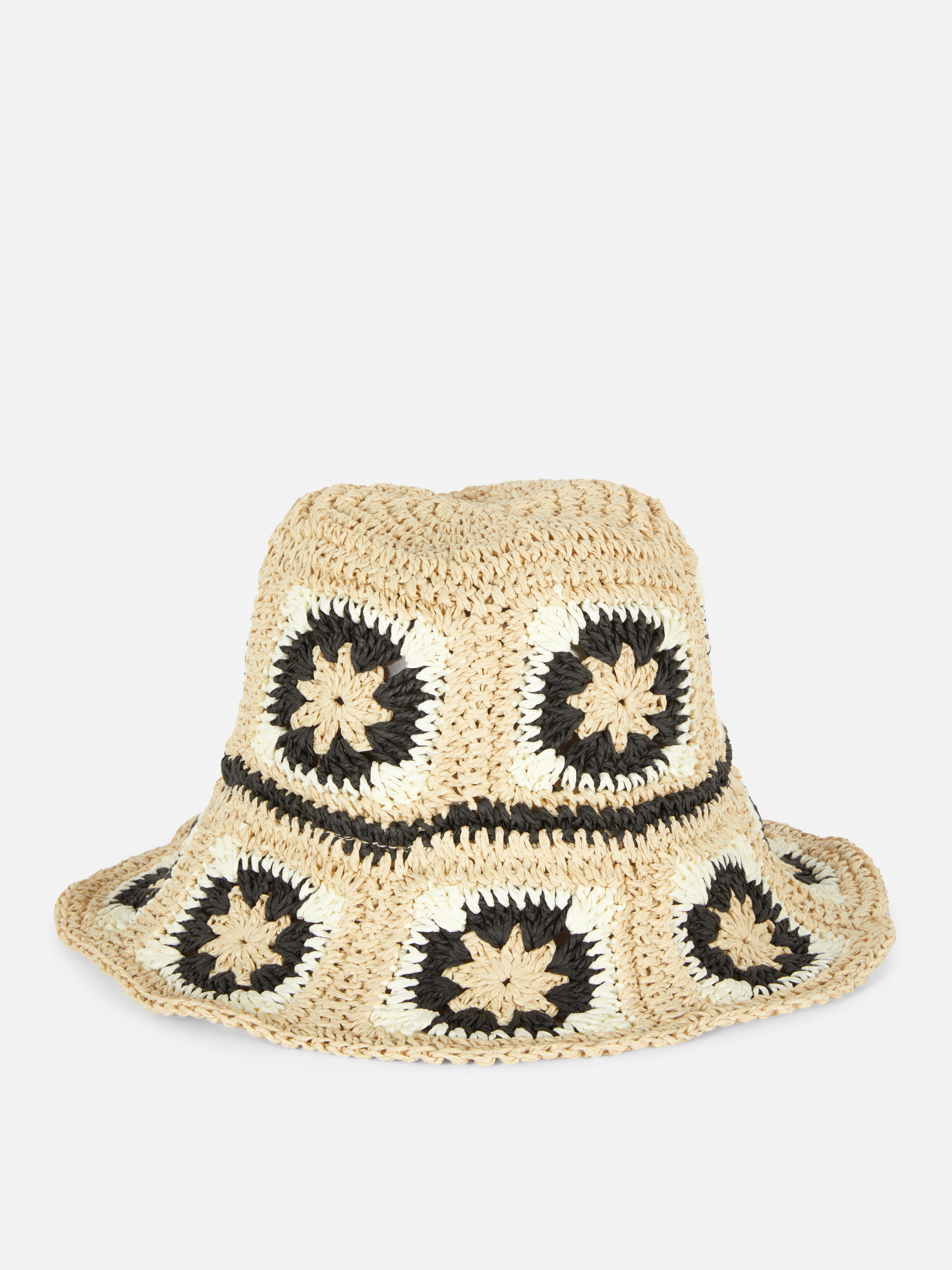Sombrero de playa de paja y ganchillo Negro/Blanco