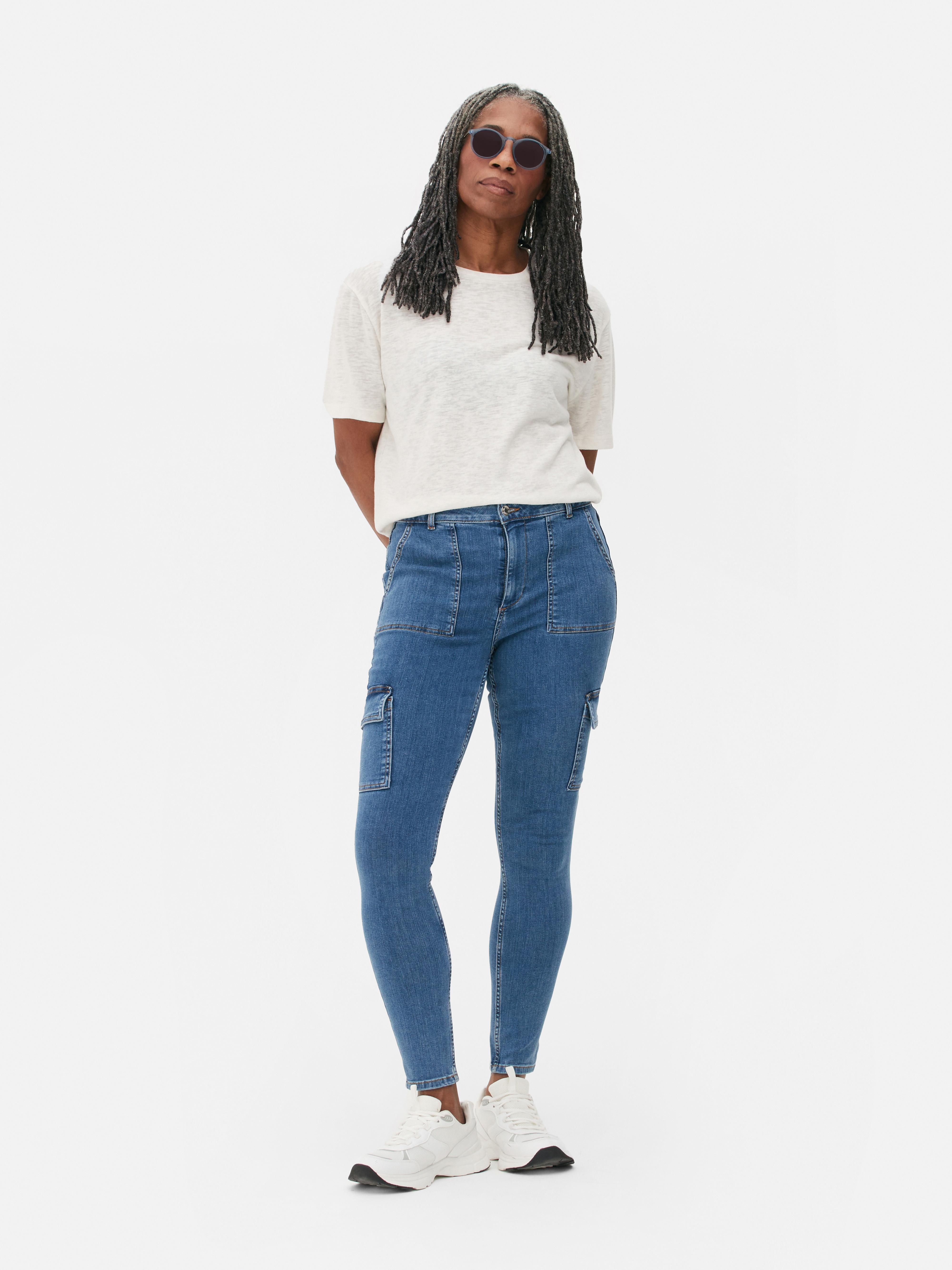 Womens Mid Blue High Waist Cargo Skinny Jeans