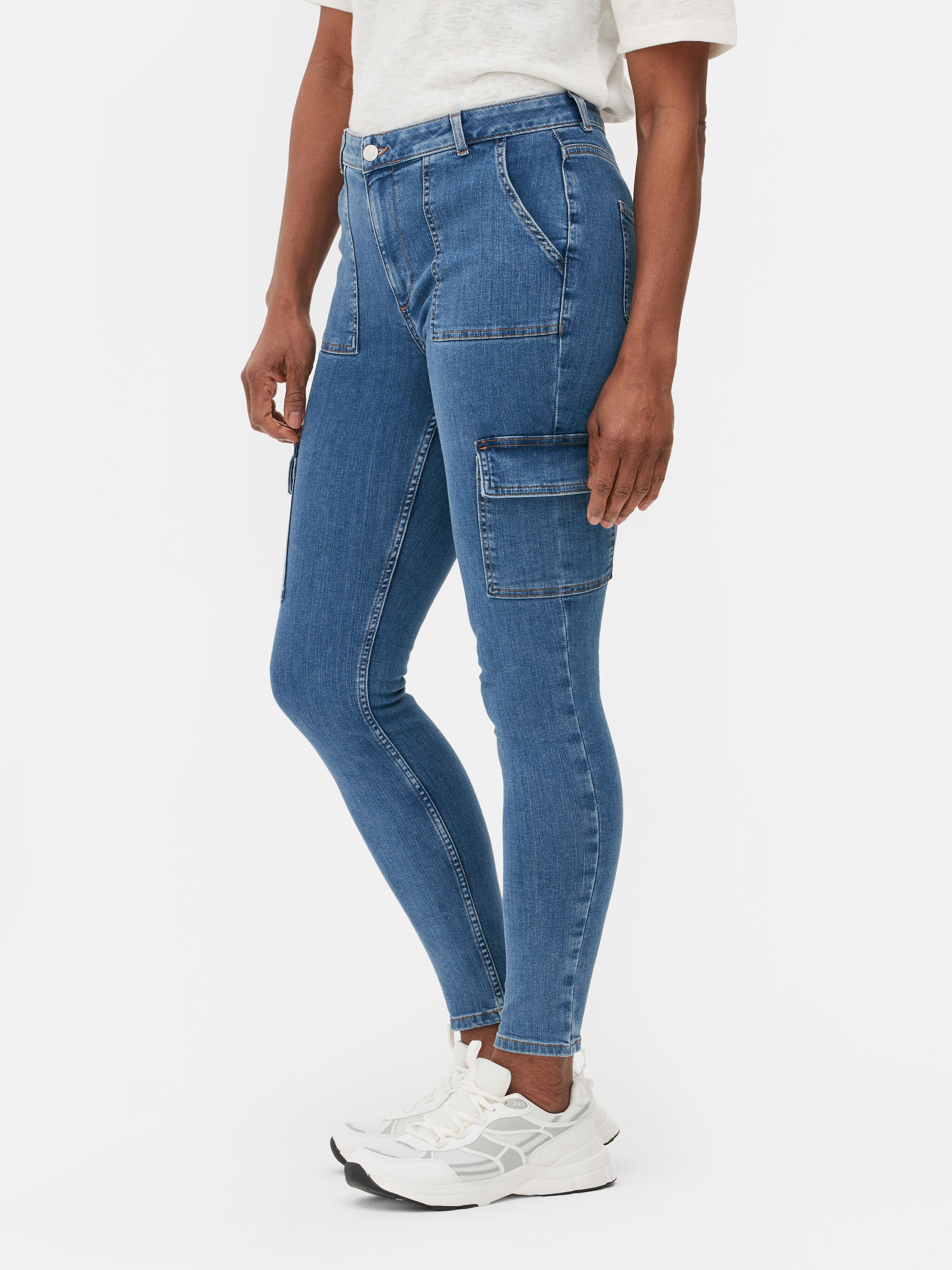 Womens Mid Blue High Waist Cargo Skinny Jeans