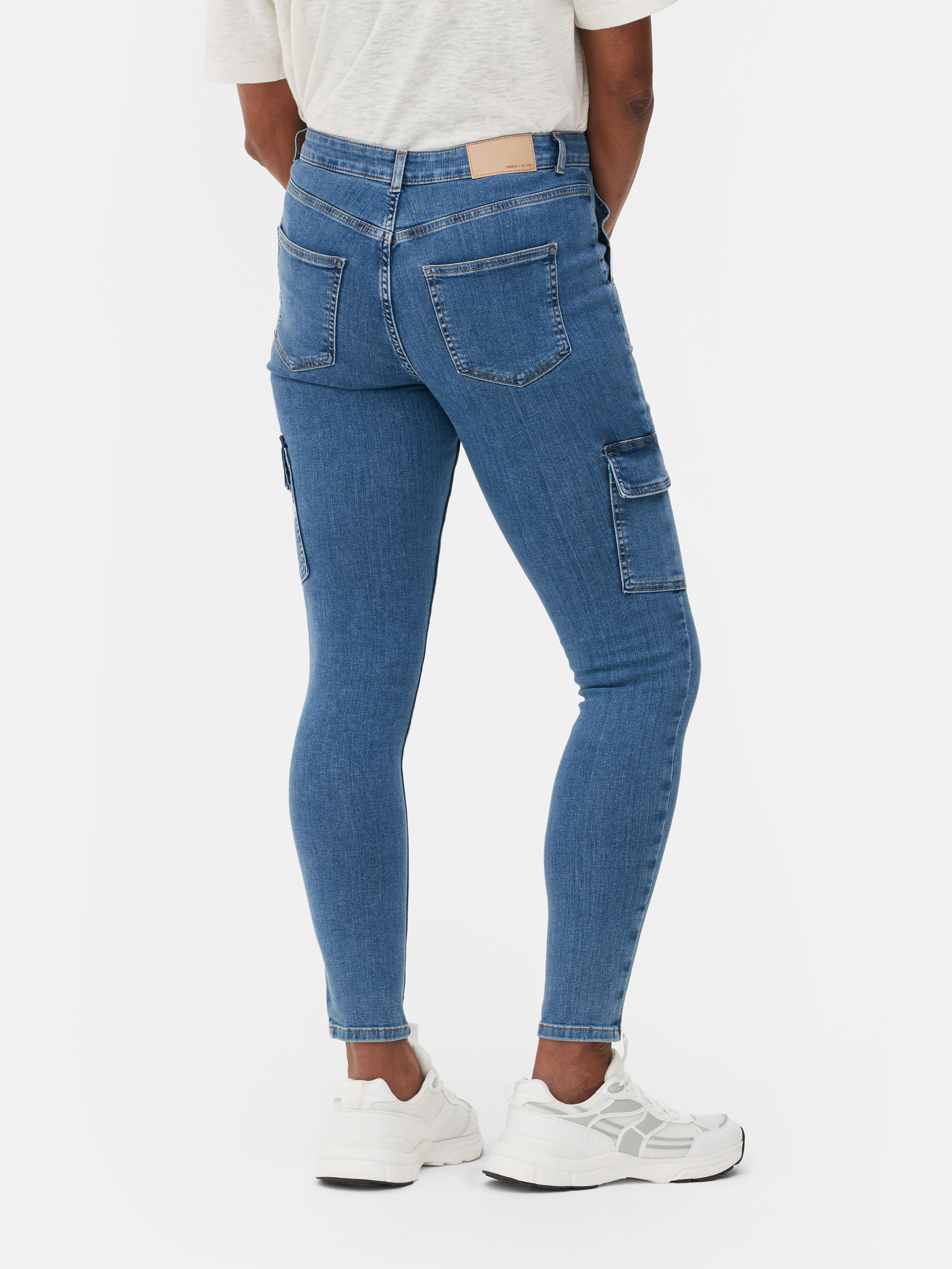 Womens Mid Blue High Waist Cargo Skinny Jeans