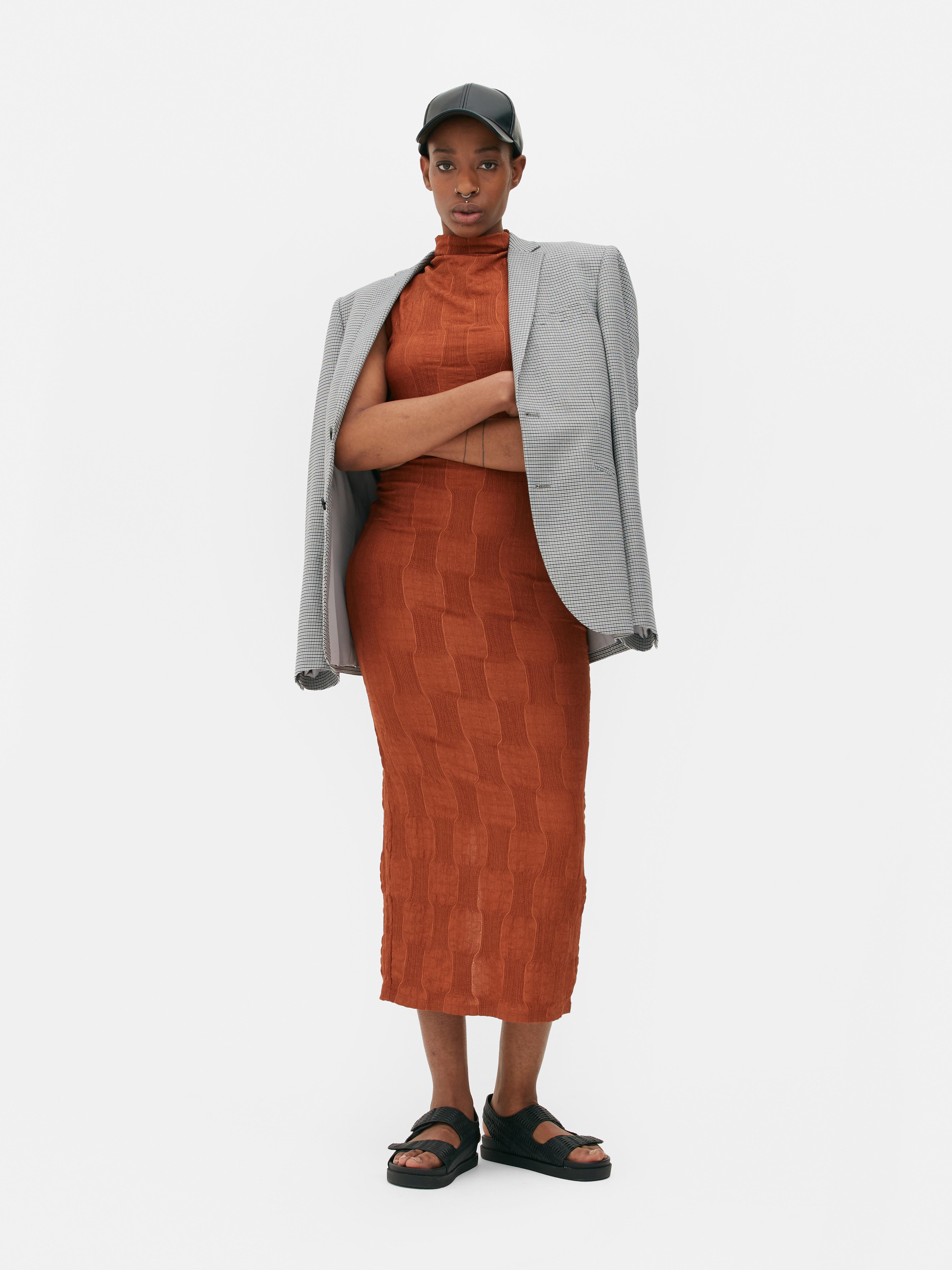 Textured High Neck Midi Dress