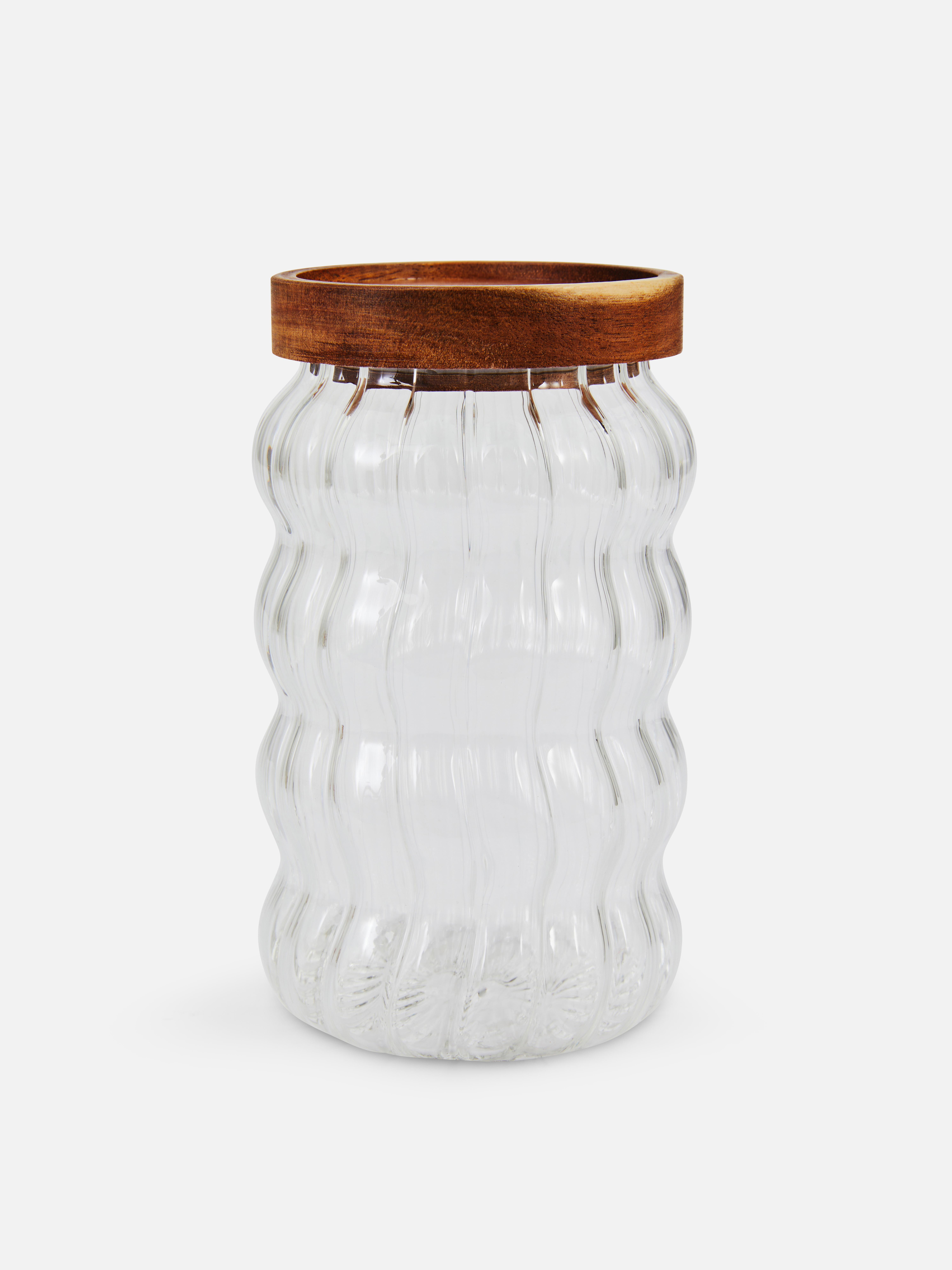Ridged Glass Container With Wooden Lid