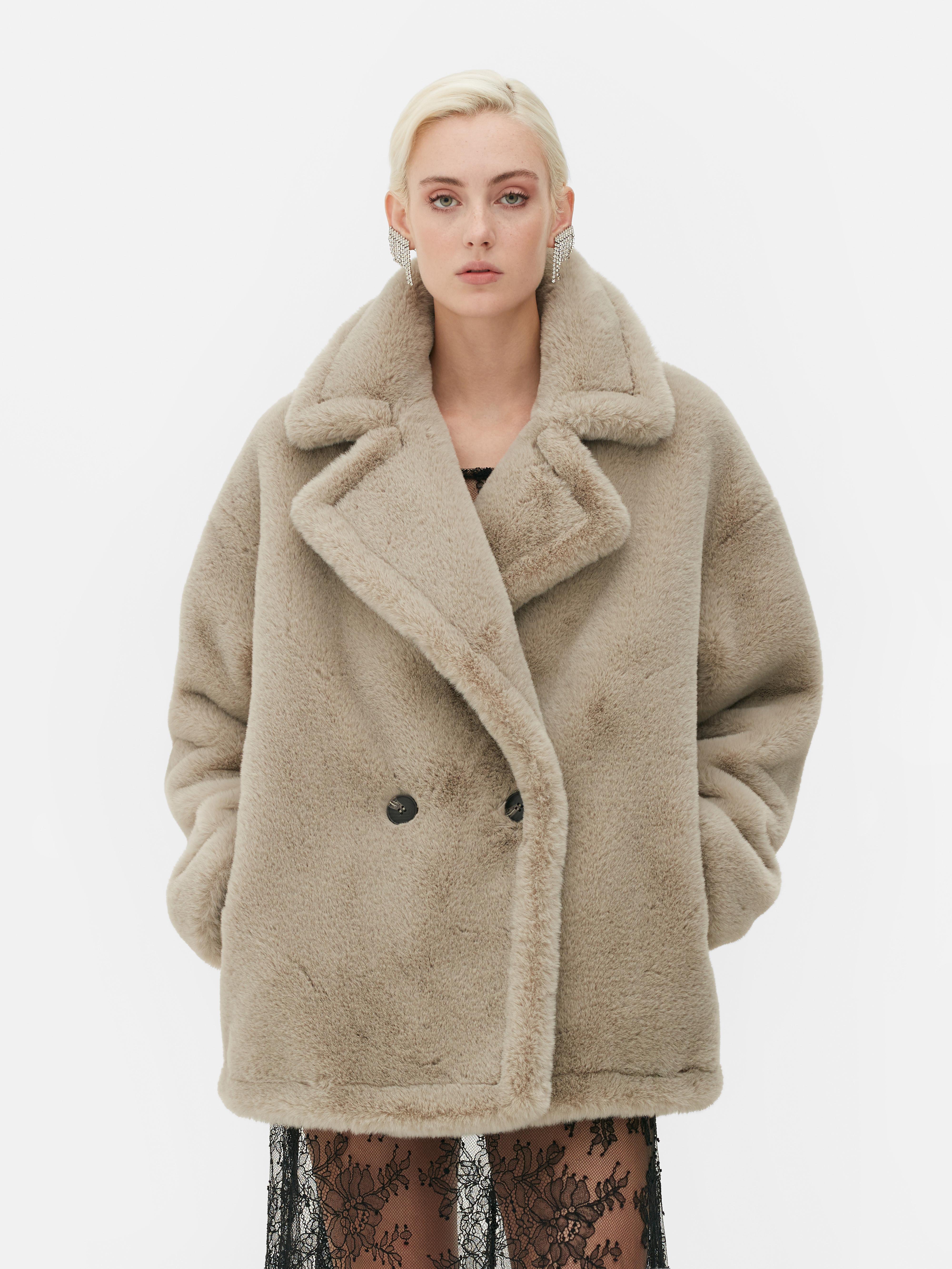 Rita Ora Double-Breasted Faux Fur Coat