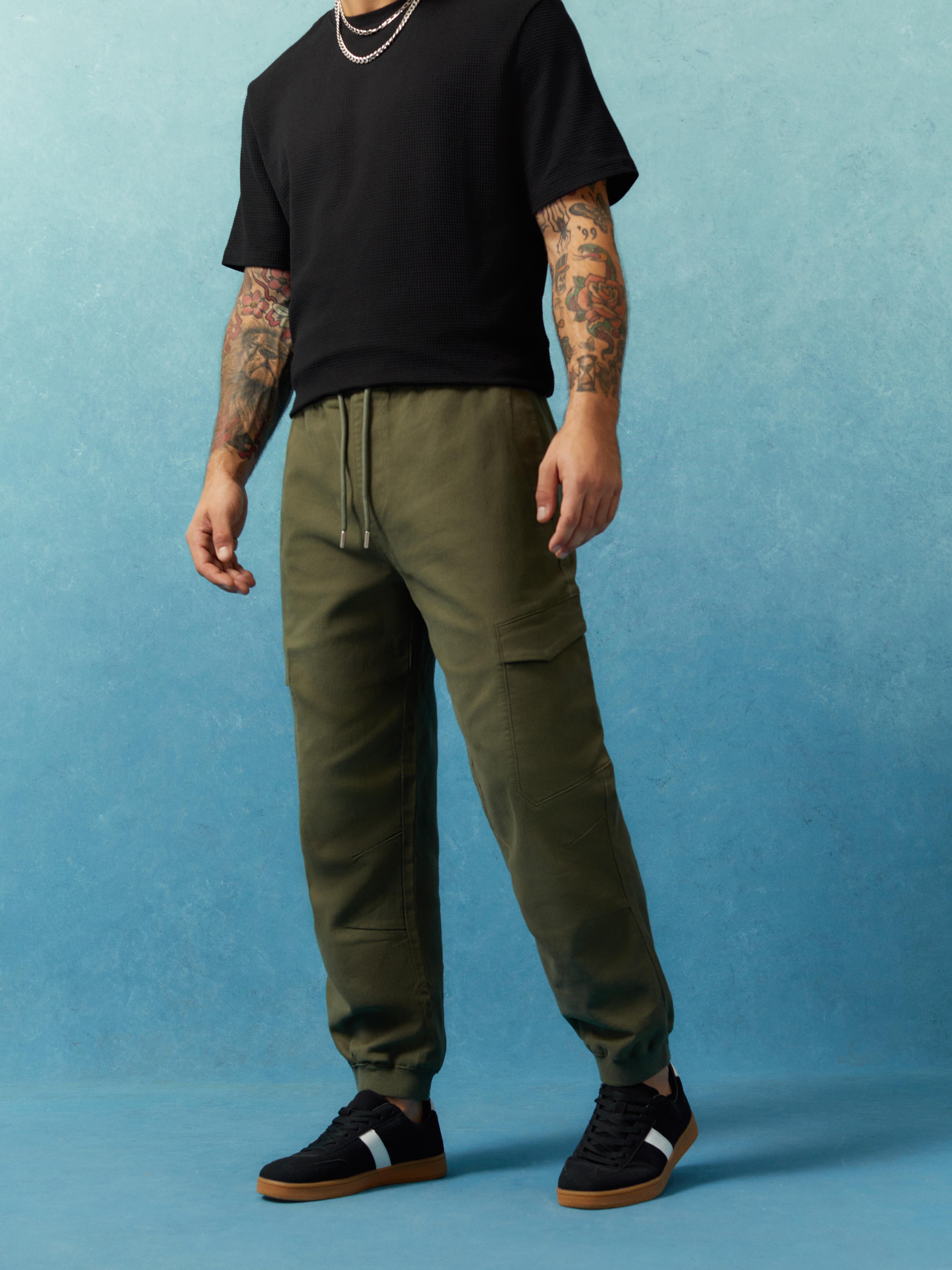 Mens Green Relaxed Fit Stretch Cargo Joggers