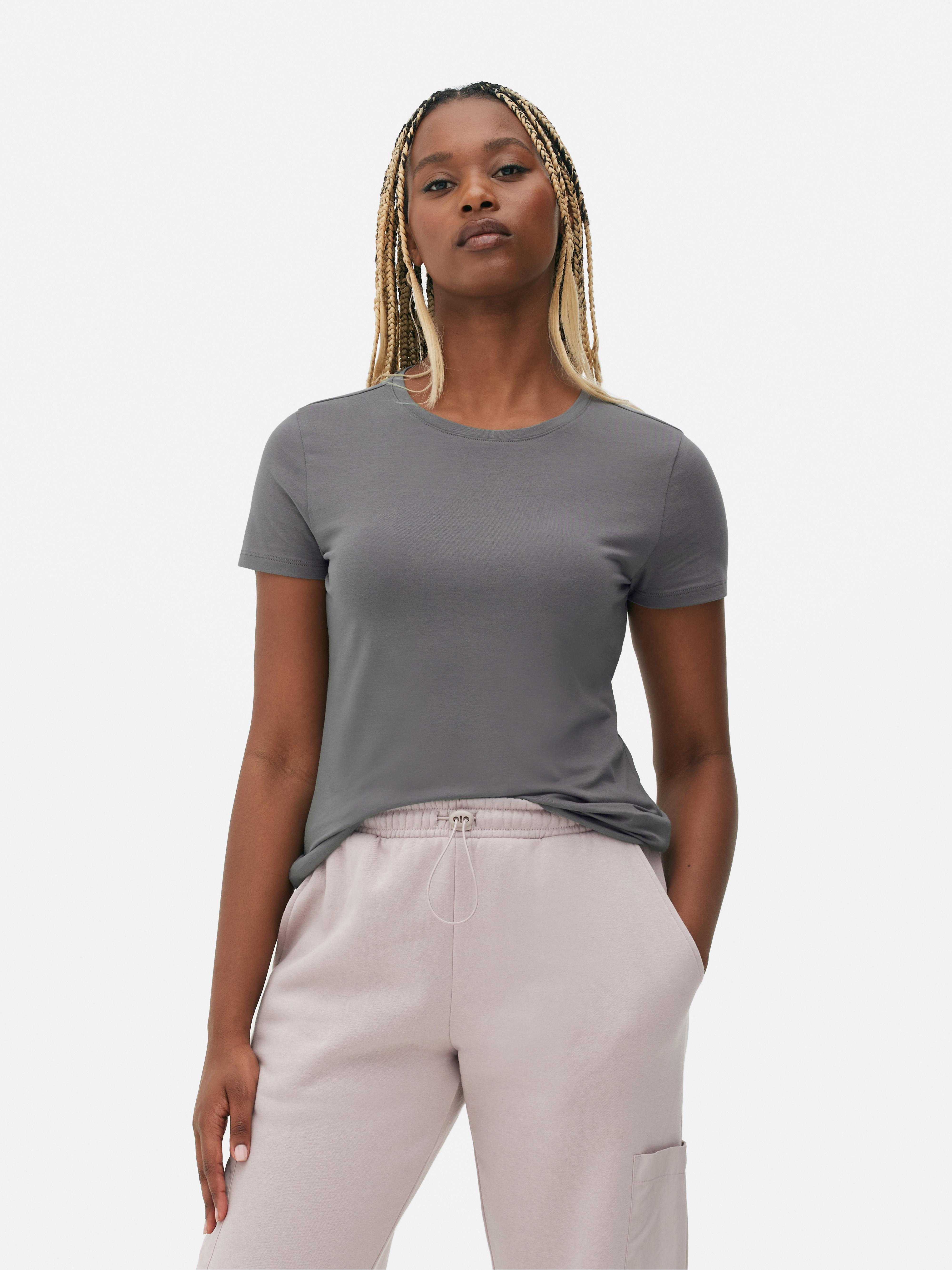 Camiseta elastica de manga corta y cuello redondo Gris Mujer Primark